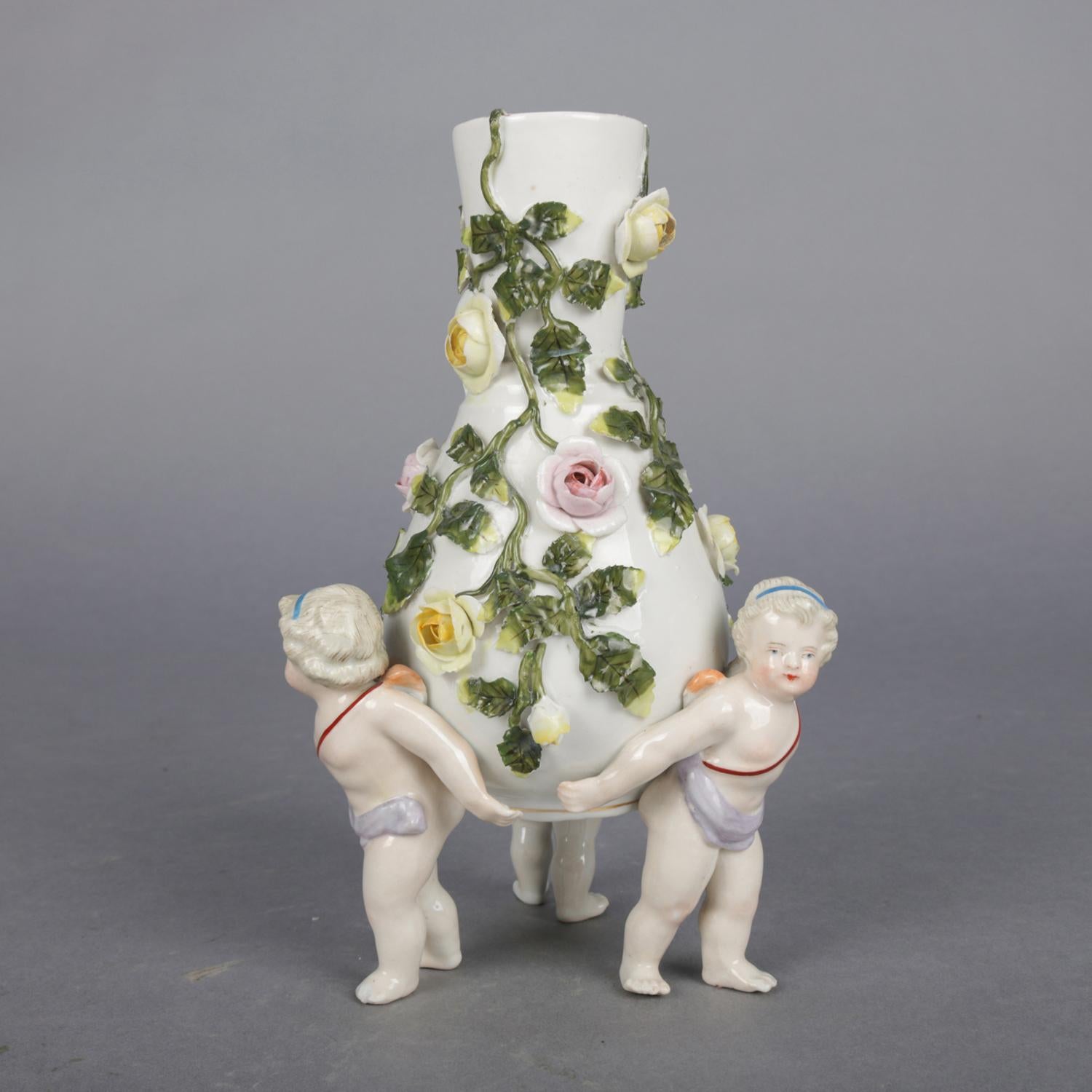Victorian Antique German Meissen Porcelain Figural Cherub and Rose Bud Vase, circa 1890