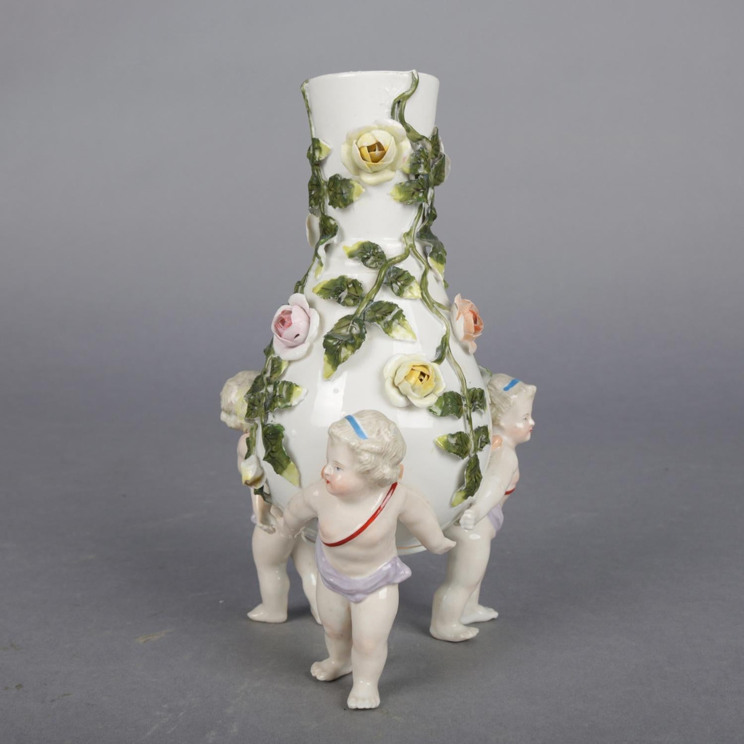 Hand-Painted Antique German Meissen Porcelain Figural Cherub and Rose Bud Vase, circa 1890