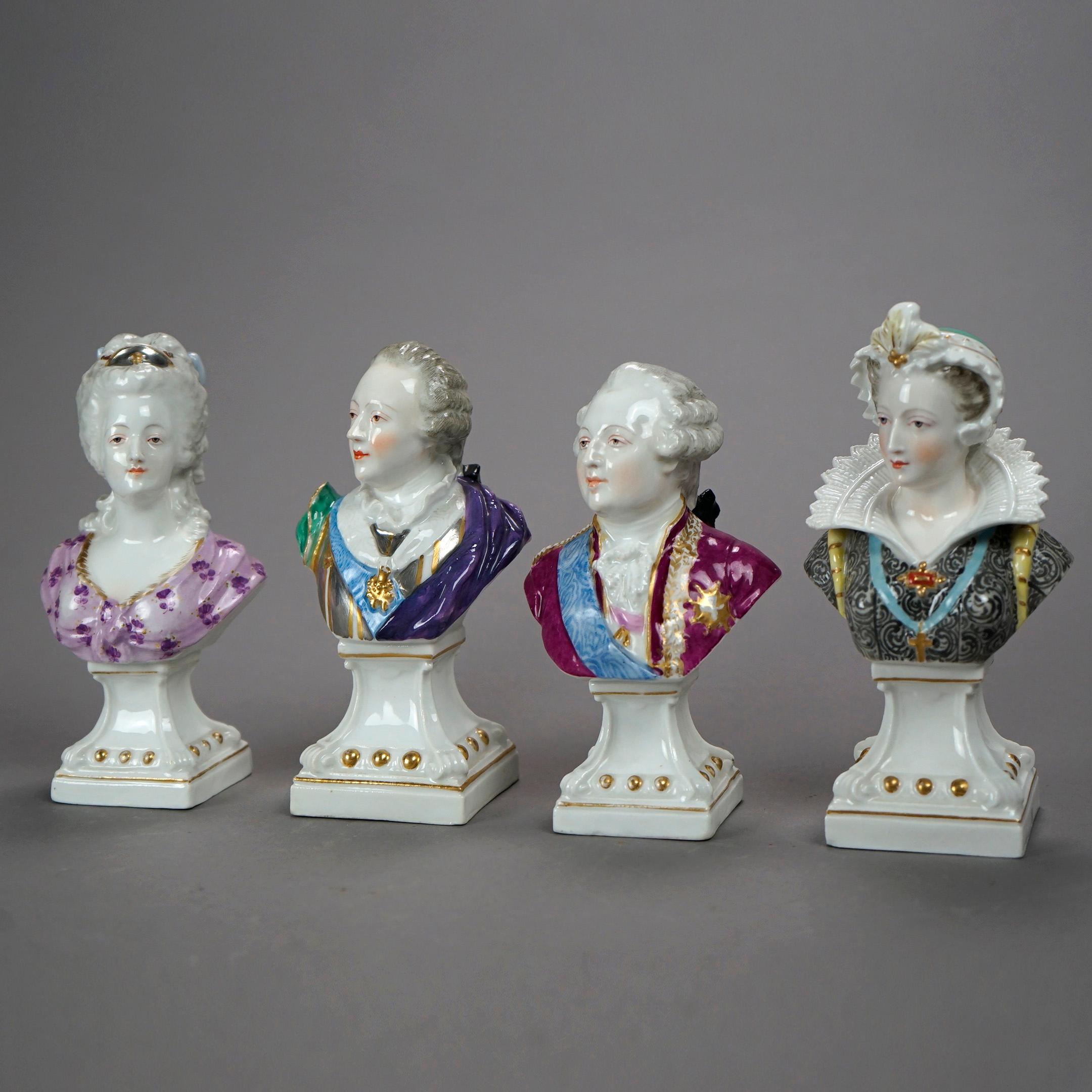 Antique French Edme Samson porcelain busts offer hand painted ad gilt Louis XIV Court figures to include Marie Antoinette,  Louis V, Louis VXI and Maria Stuart, maker mark on bases as photographed, 19th century

Measures - 6''H x 3''W x 2.5''D