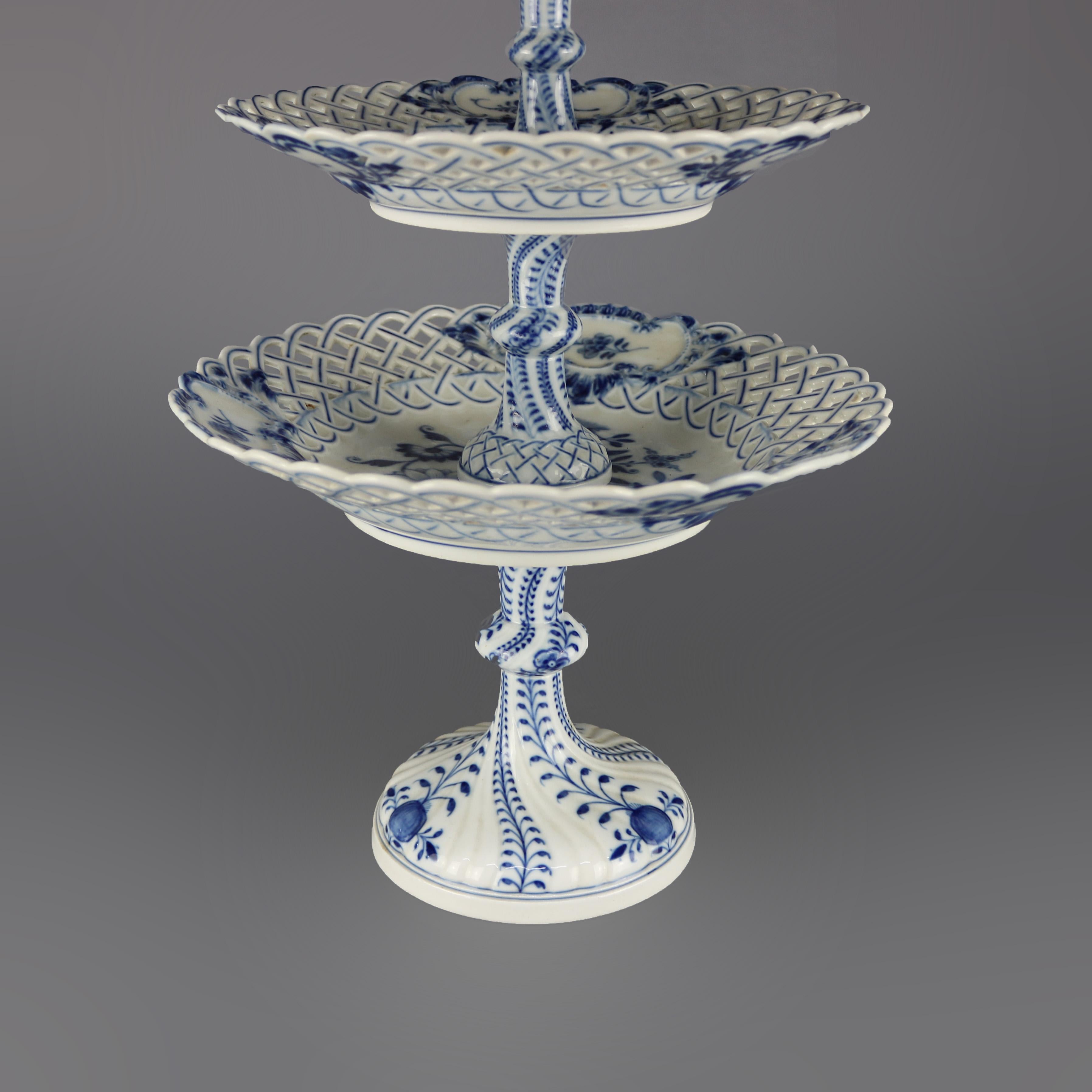 Metal Antique German Meissen Porcelain Reticulated and Tiered Serving Tray, circa 1900