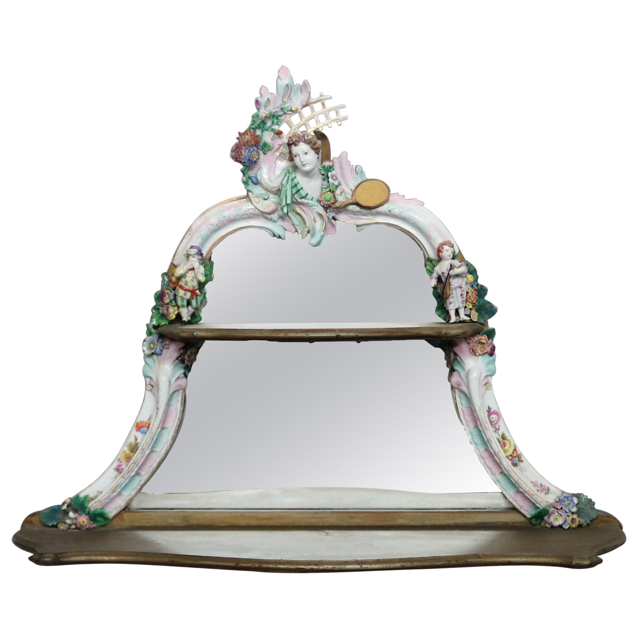 Antique German Meissen School Figural Hand Painted Porcelain Curio Display Shelf