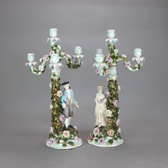 Antique German Meissen School Figural Porcelain Courting Couple Candelabra c1890
