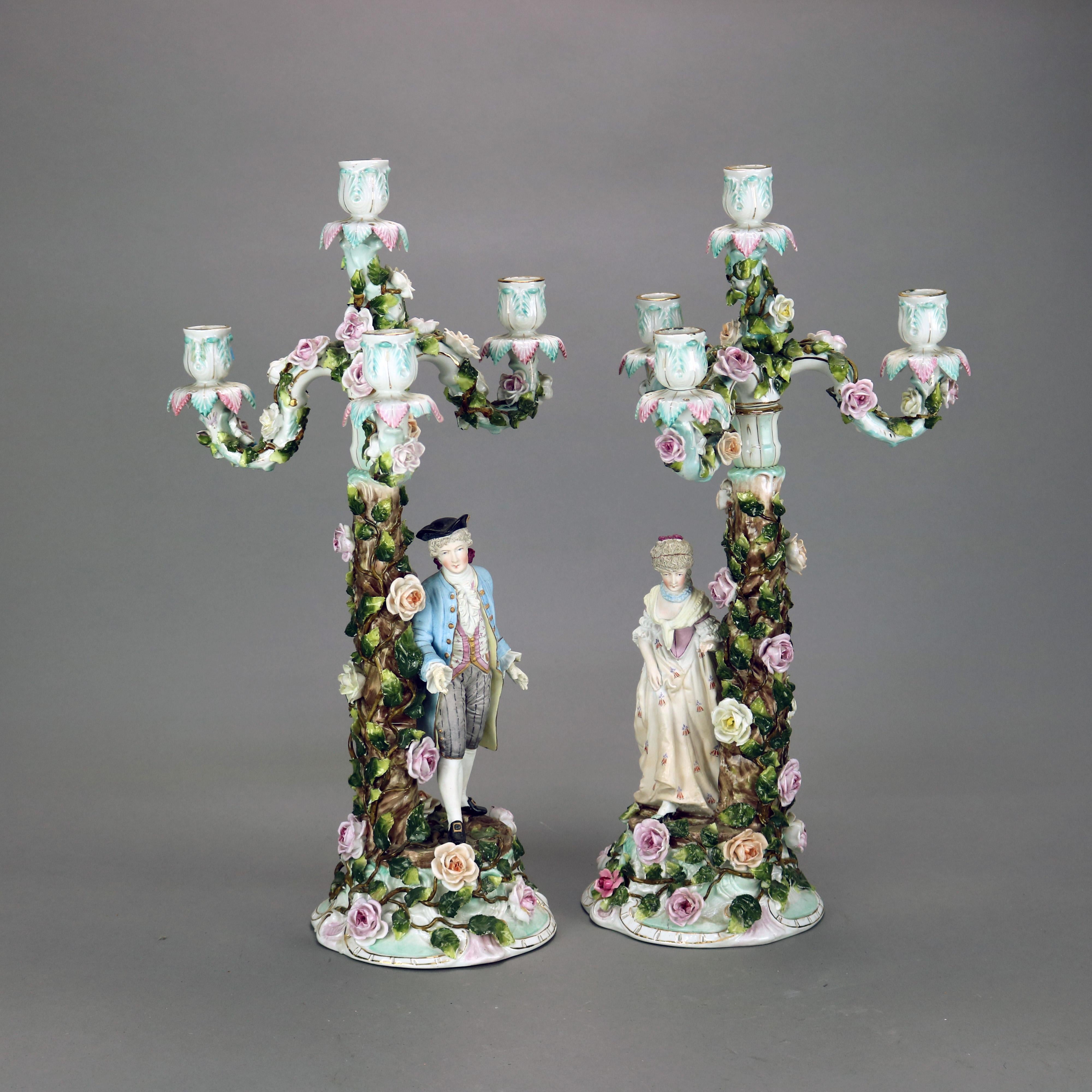 Hand-Painted Antique German Meissen School Figural Porcelain Courting Couple Candelabra c1890