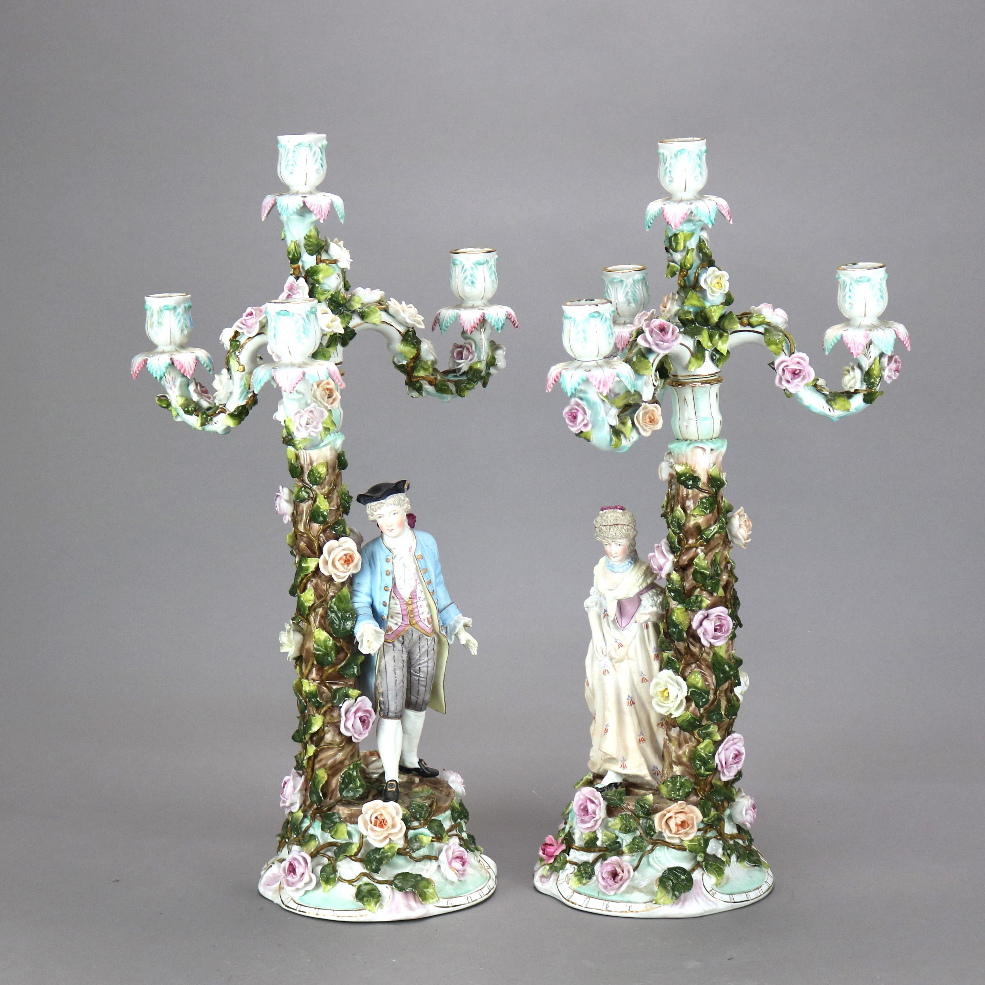 Antique German Meissen School Figural Porcelain Courting Couple Candelabra c1890 In Good Condition In Big Flats, NY