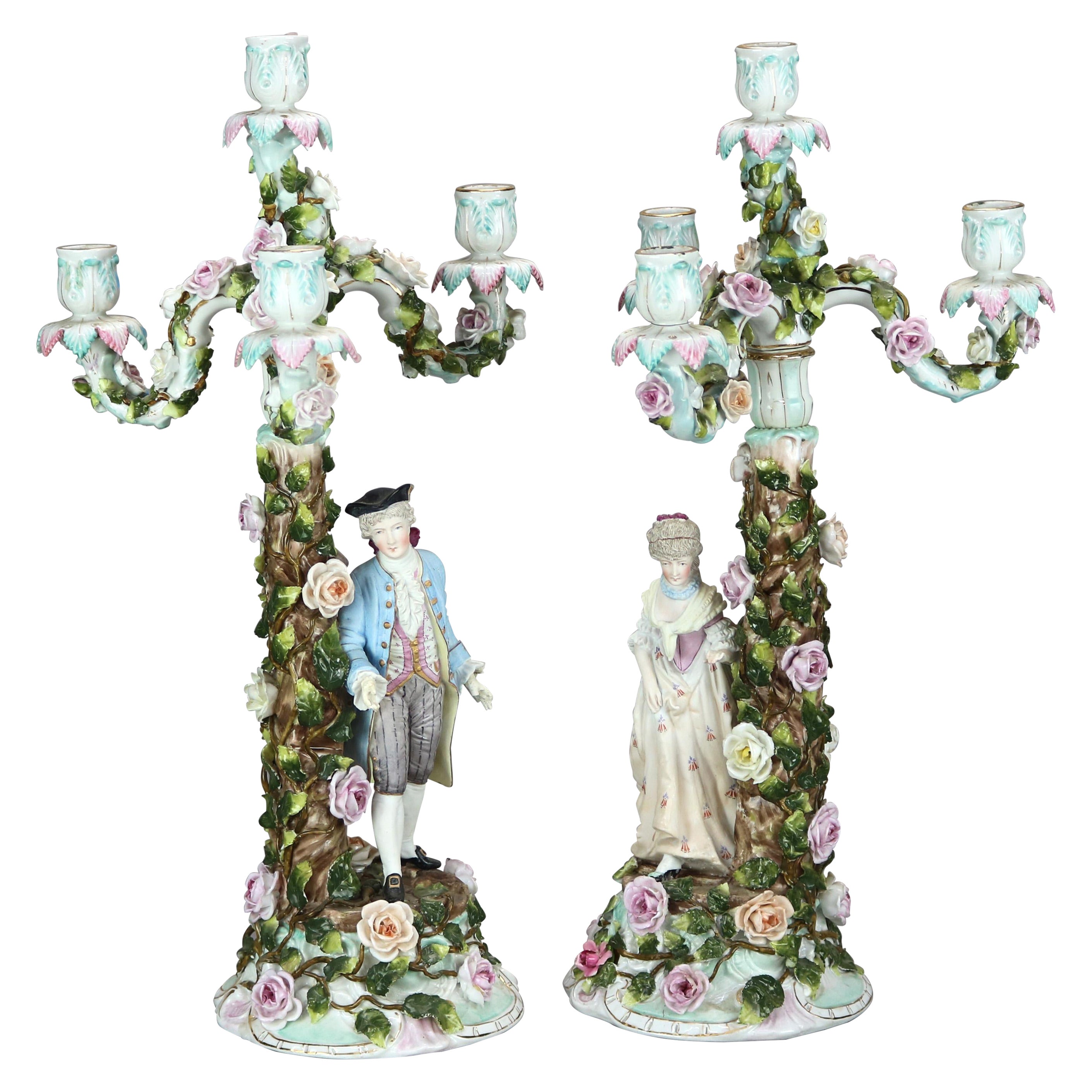 Antique German Meissen School Figural Porcelain Courting Couple Candelabra c1890