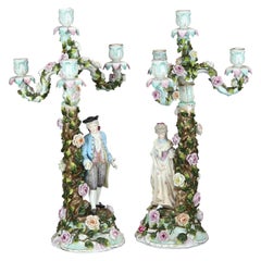 Antique German Meissen School Figural Porcelain Courting Couple Candelabra c1890