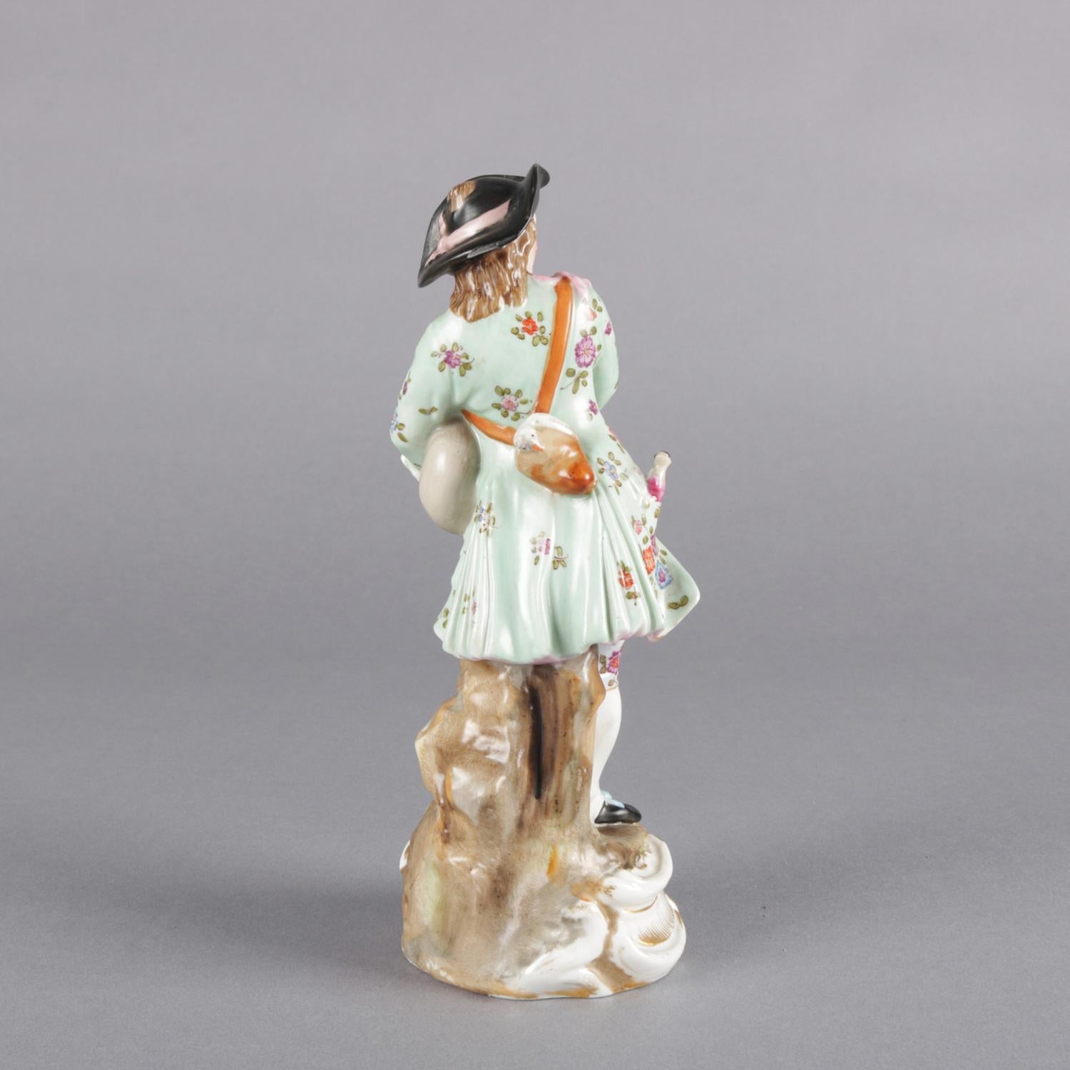 Antique German Meissen School Hand Painted and Gilt Porcelain Bagpiper Figure In Good Condition In Big Flats, NY