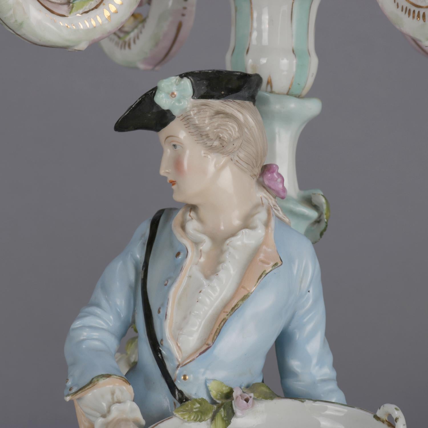 Victorian Antique German Meissen School Hand Painted Figural Porcelain Candelabra