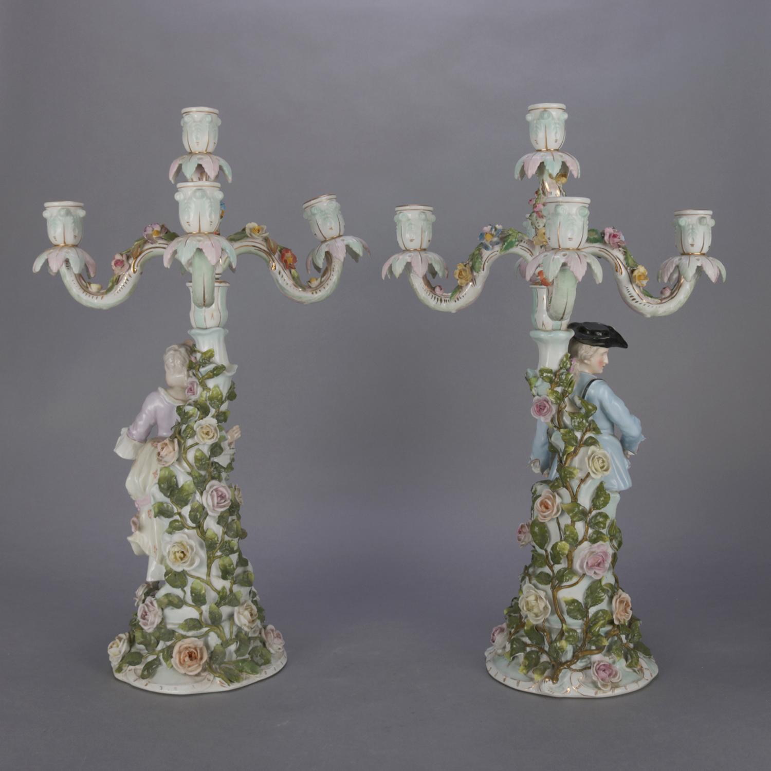 Antique German Meissen School Hand Painted Figural Porcelain Candelabra In Good Condition In Big Flats, NY