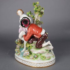 Antique German Meissen School Hand-Painted Porcelain Erotic Figural Group