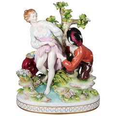 Antique German Meissen School Hand-Painted Porcelain Erotic Figural Group