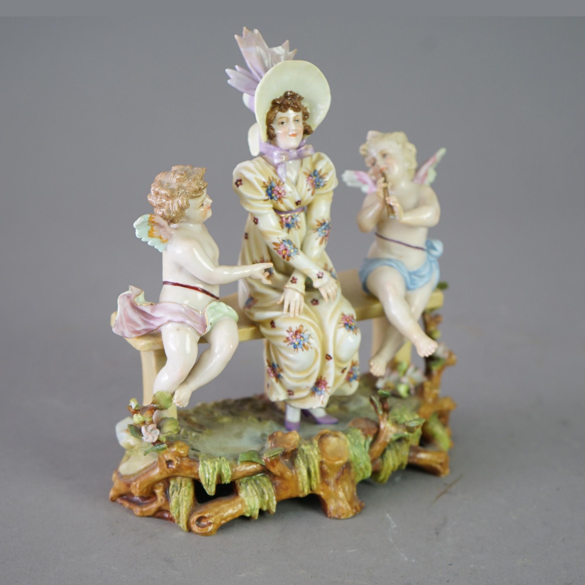 Hand-Painted Antique German Meissen School Porcelain Cherub Grouping Early 20thC For Sale