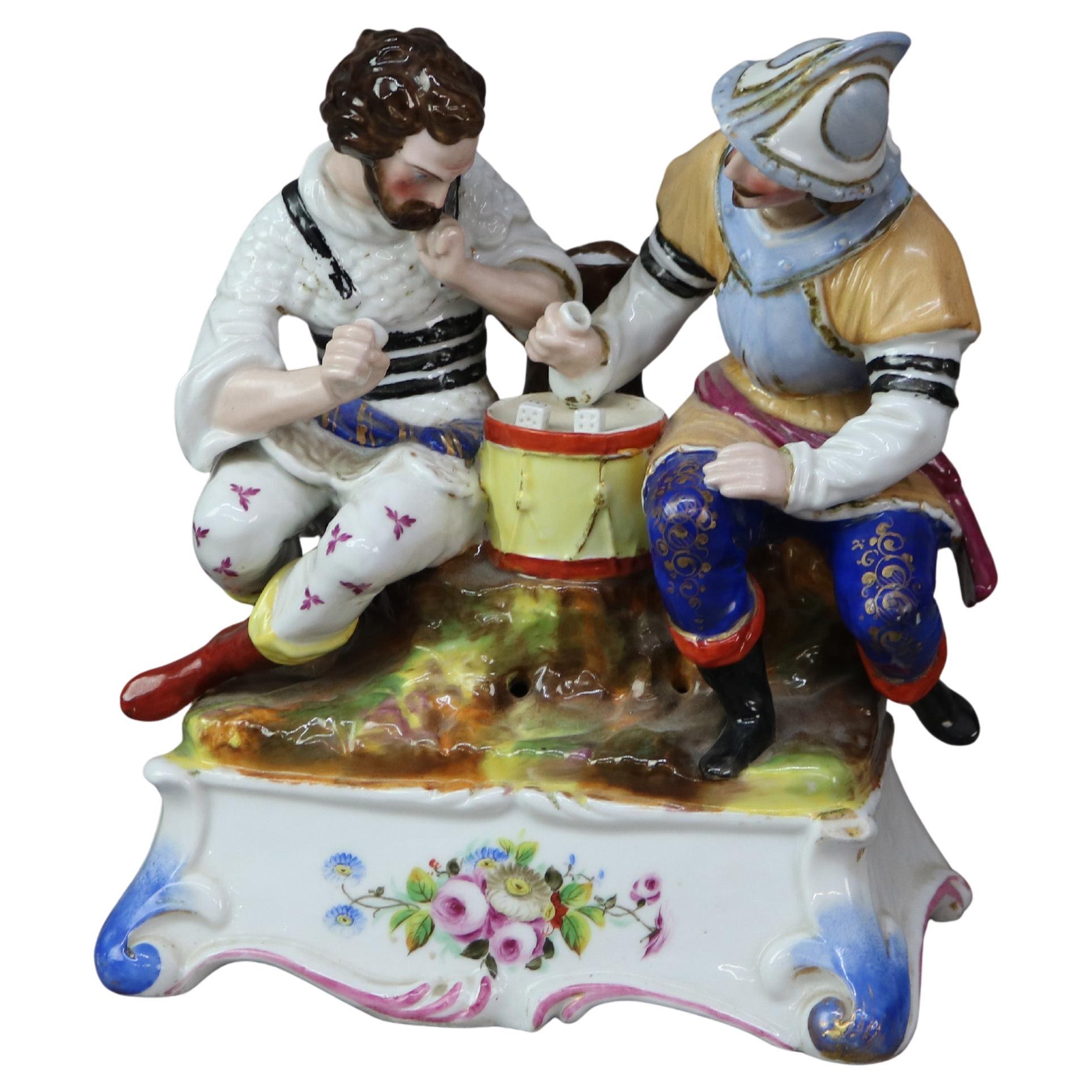 Antique German Meissen School Porcelain Dice Throwers Figural Candle Stand C1890