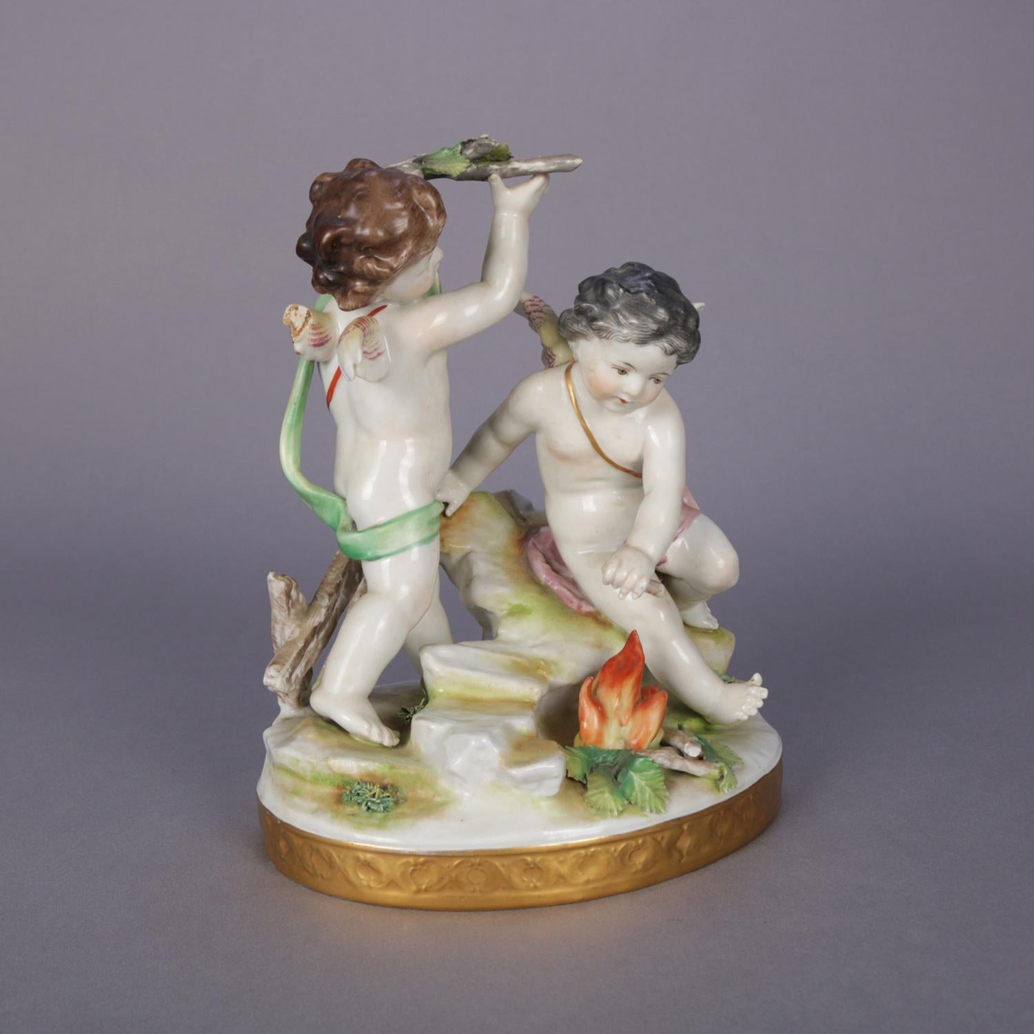 An antique German Meissen school hand painted porcelain figural group features Classical cherubs in countryside or garden setting, gilt highlights throughout, circa 1890

Measures - 9