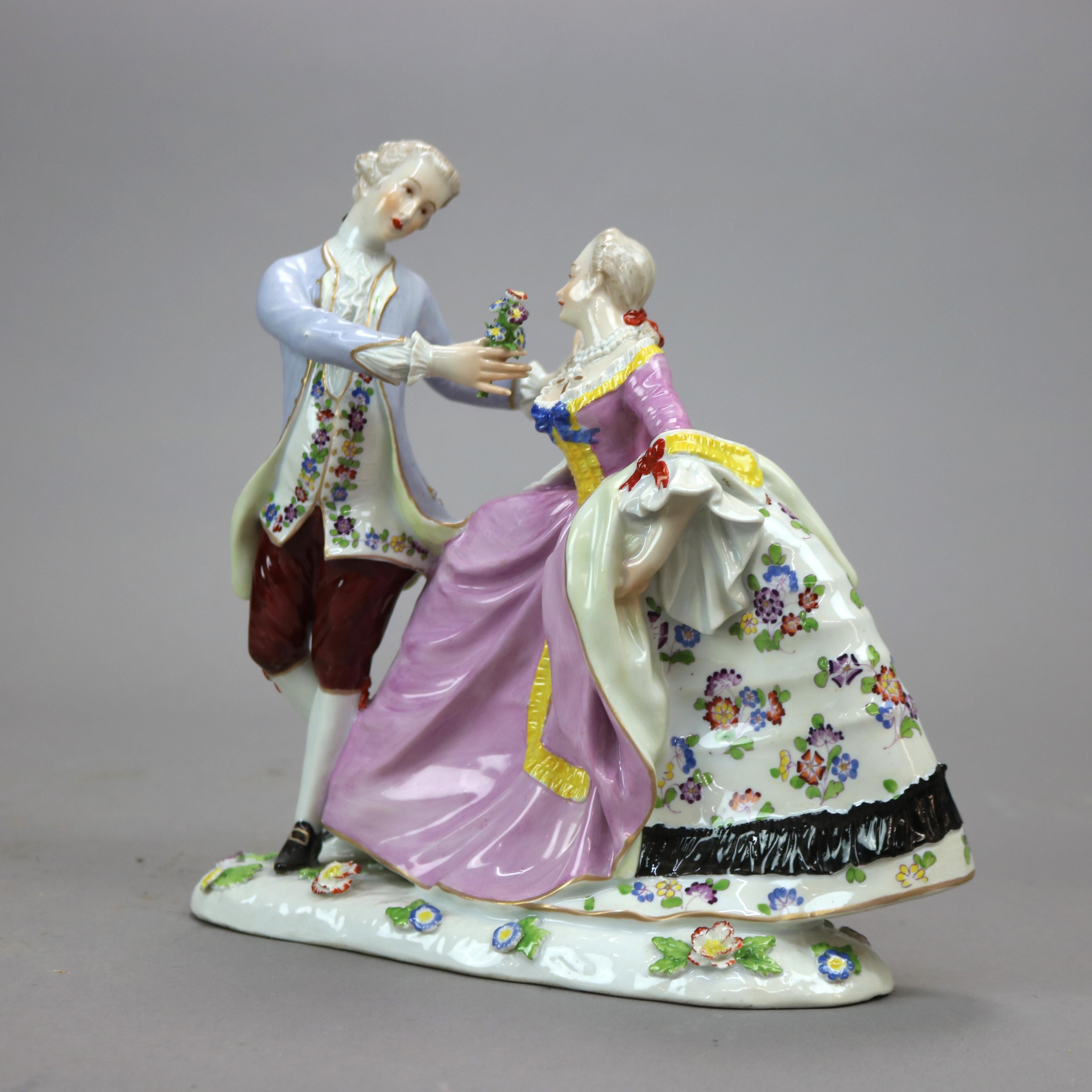Gilt Antique German Meissen School Porcelain Figural Group, Courting Scene, 20th C