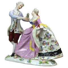 Antique German Meissen School Porcelain Figural Group, Courting Scene, 20th C