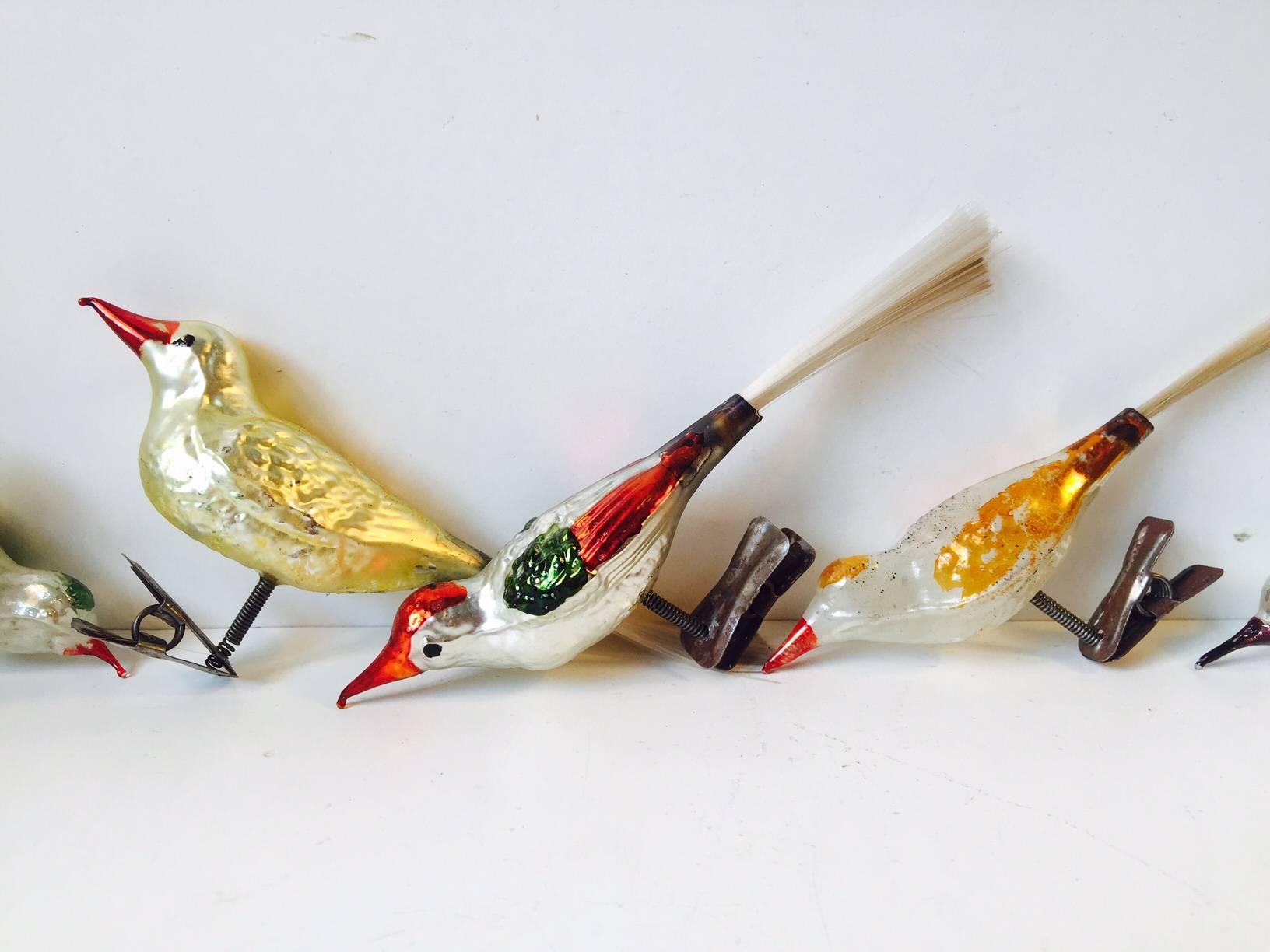 Antique German Mercury Glass Birds Christmas Tree Clip on Ornaments, Set of Ten In Good Condition In Esbjerg, DK