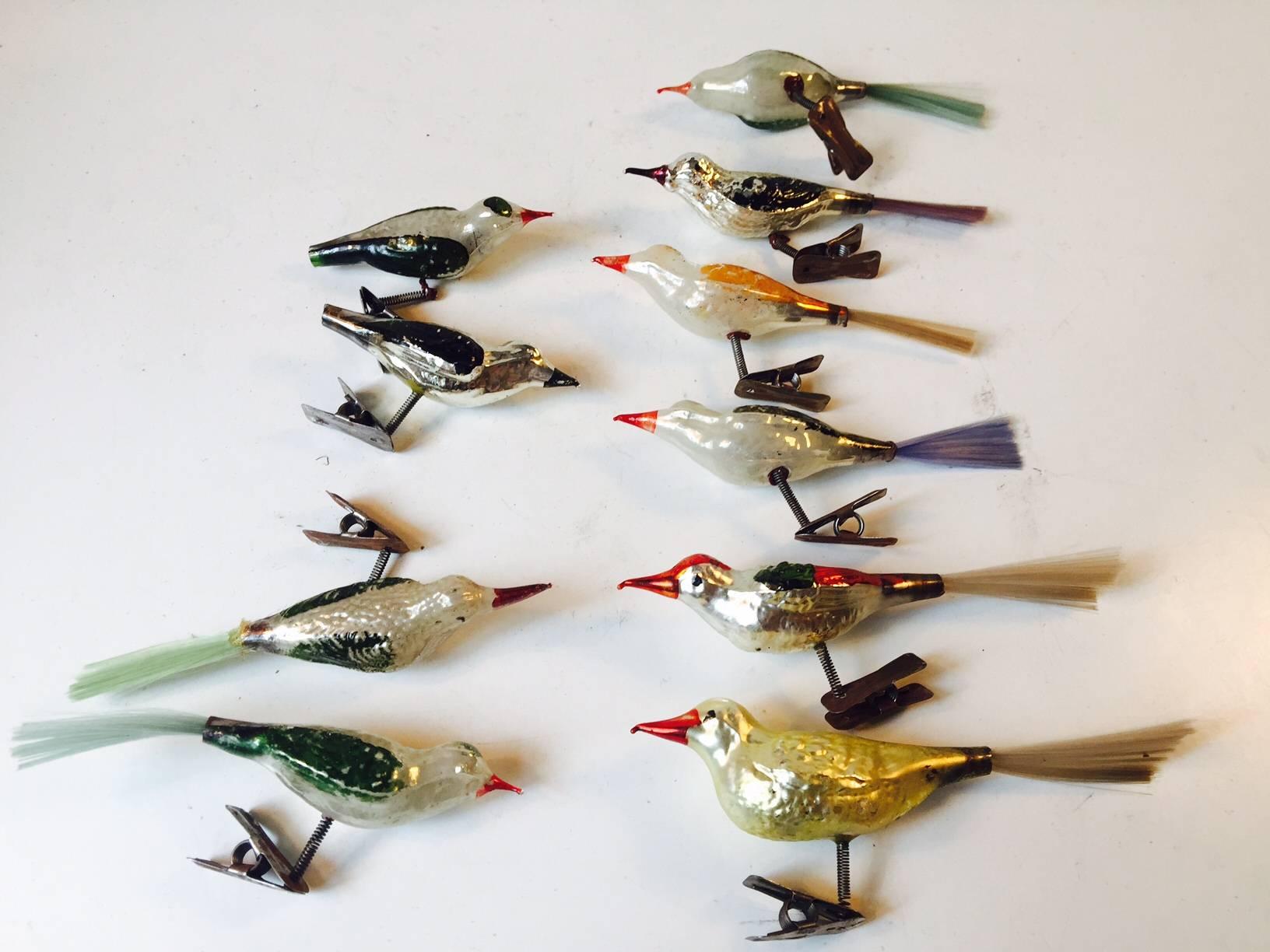 Early 20th Century Antique German Mercury Glass Birds Christmas Tree Clip on Ornaments, Set of Ten
