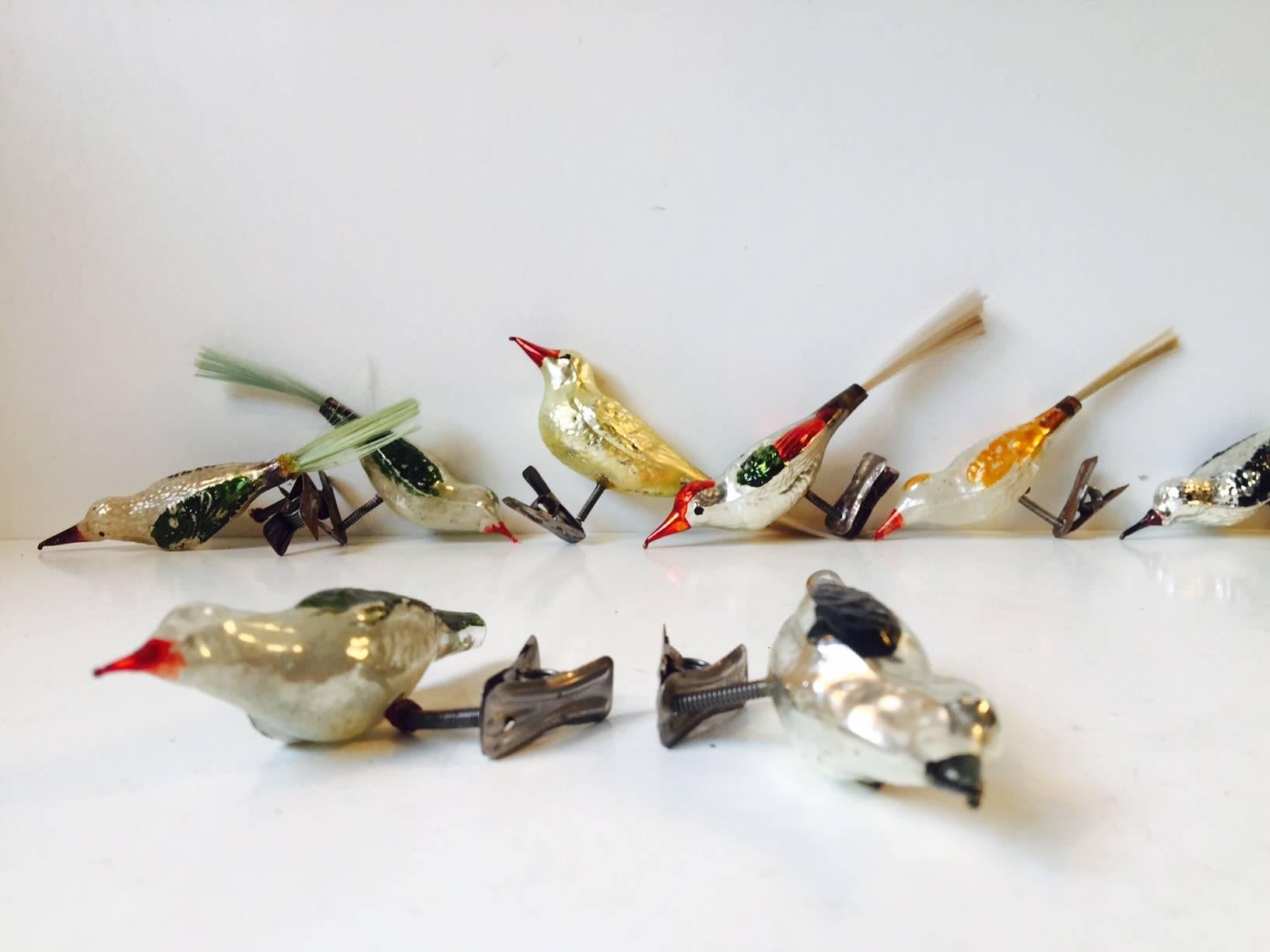 Antique German Mercury Glass Birds Christmas Tree Clip-On Ornaments, Set of Ten In Good Condition In Esbjerg, DK