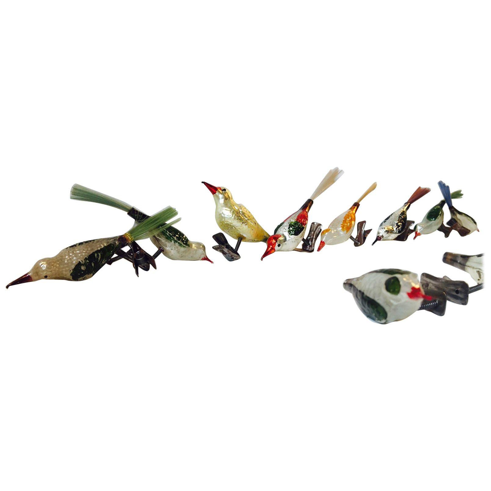 Clips d
ornements d
arbre de Noël en verre mercuré allemand ancien représentant des oiseaux, lot de dix