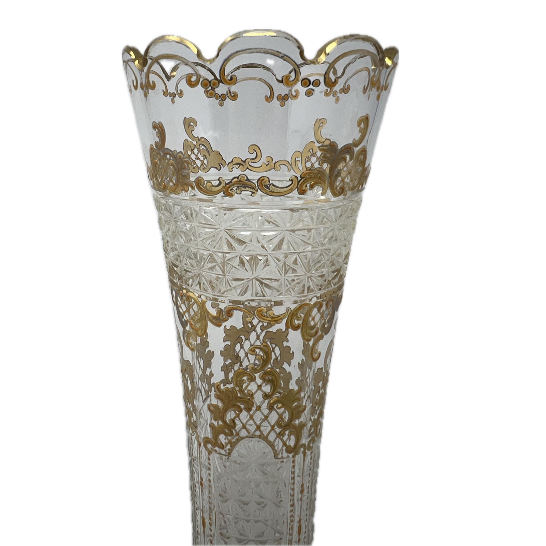 Antique German Moser Cut Glass Bud Vase with Gold Leaf Details, Circa 1880's. In Good Condition For Sale In New Orleans, LA