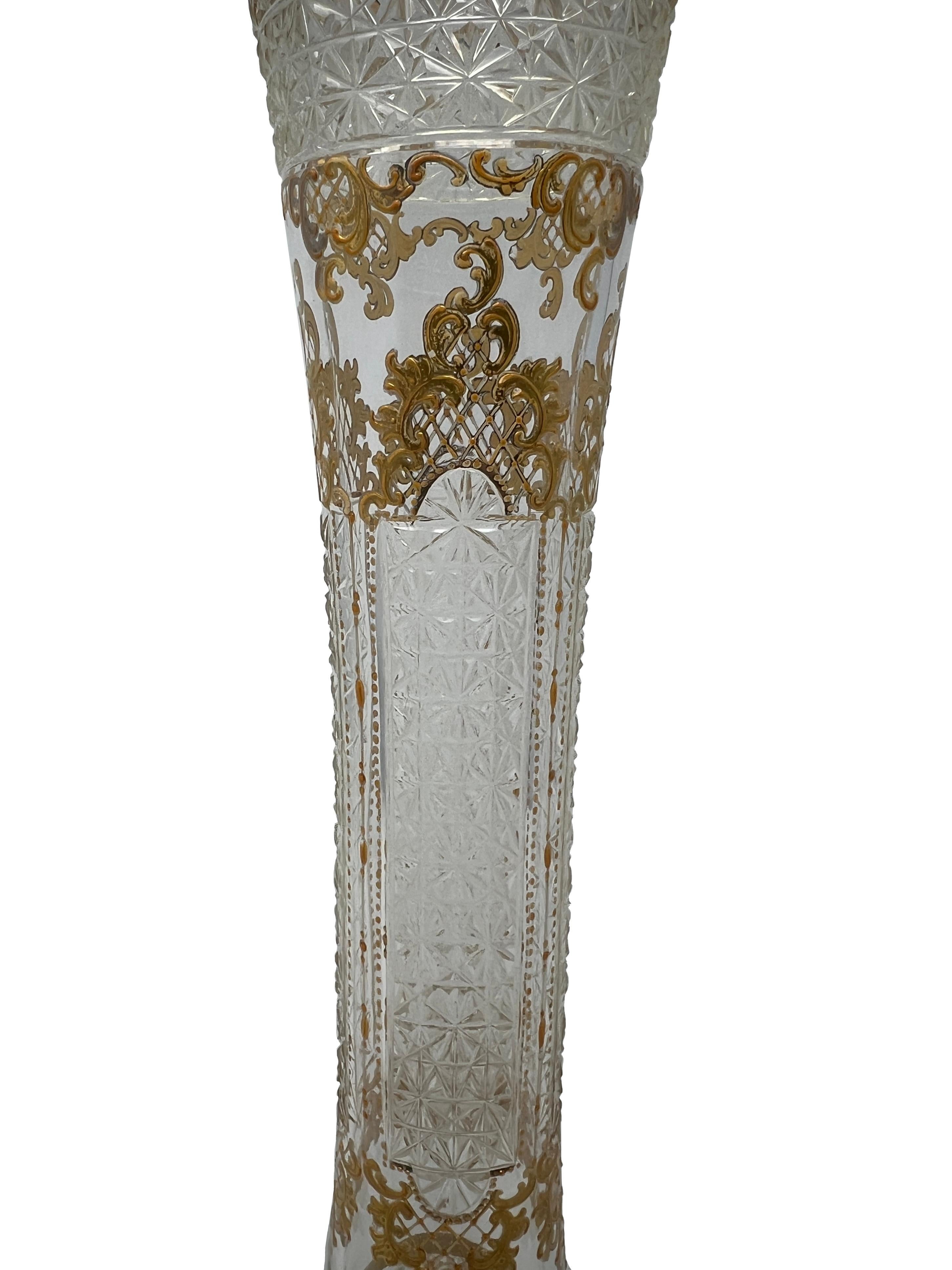 Late 19th Century Antique German Moser Cut Glass Bud Vase with Gold Leaf Details, Circa 1880's. For Sale