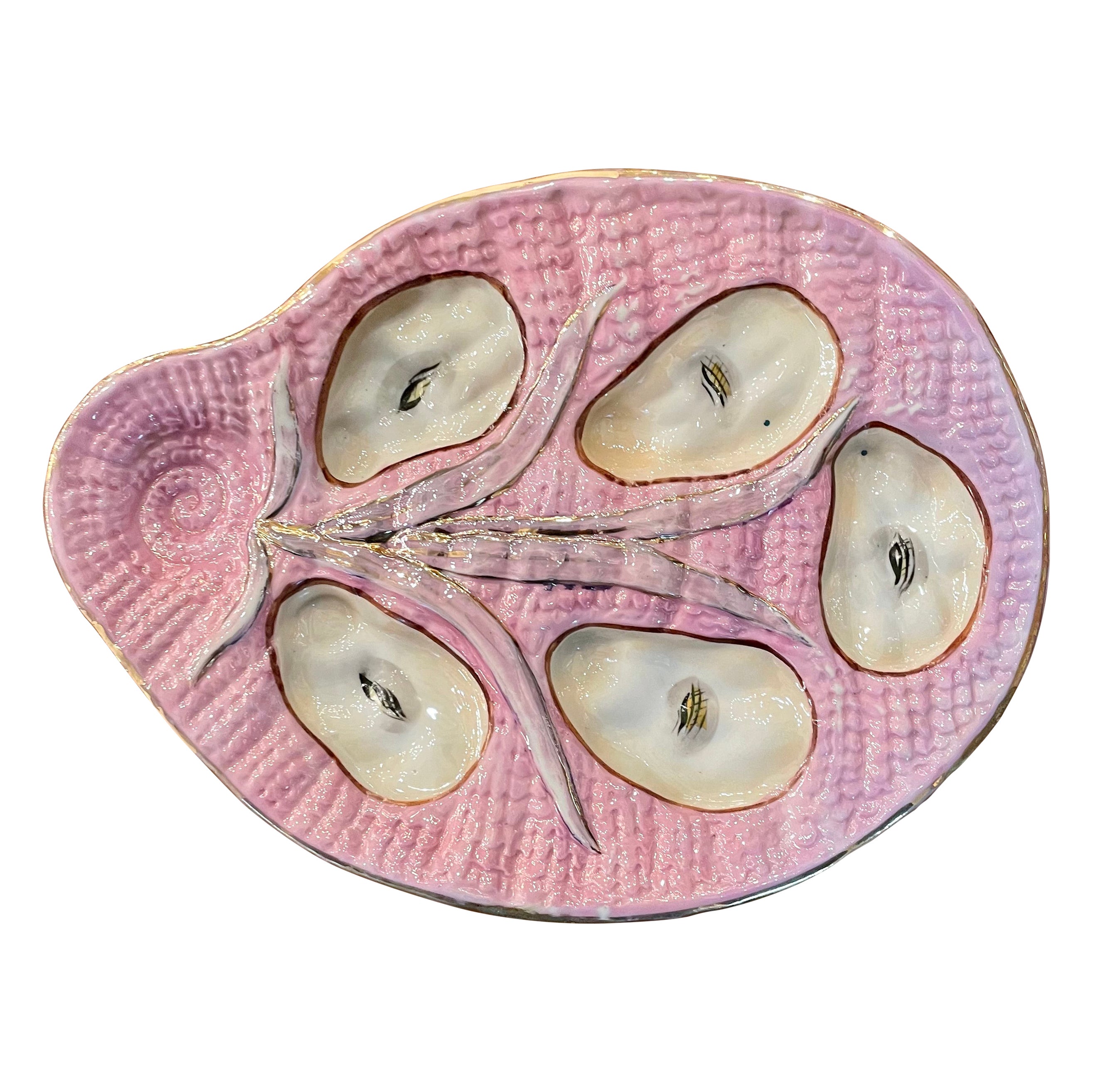 Antique German Moser Pink Luster Porcelain Shaped Oyster Plate Circa 1880-1890.