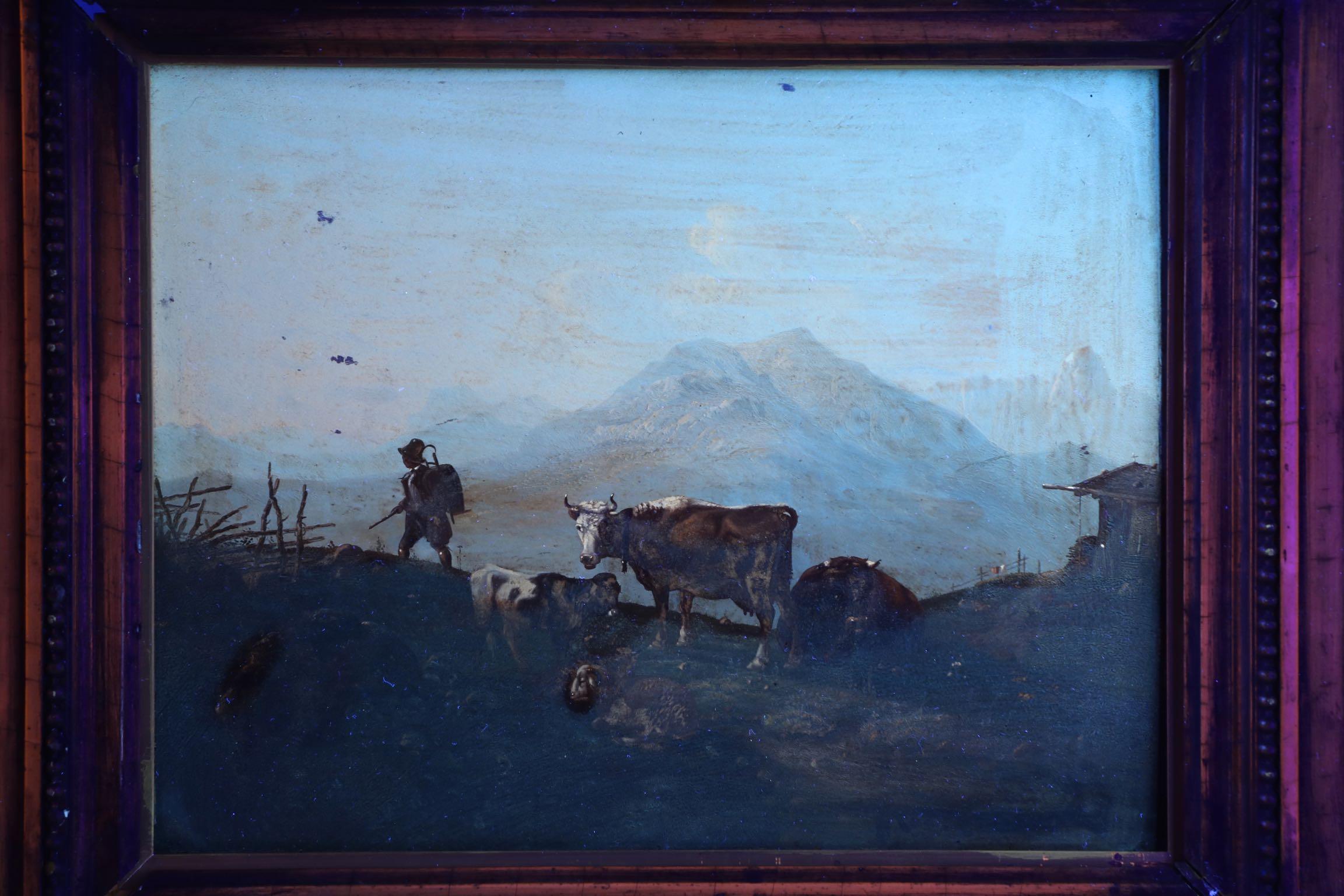 Antique German Mountain Landscape Oil Painting of Cattle and Sheep, 19th Century 5