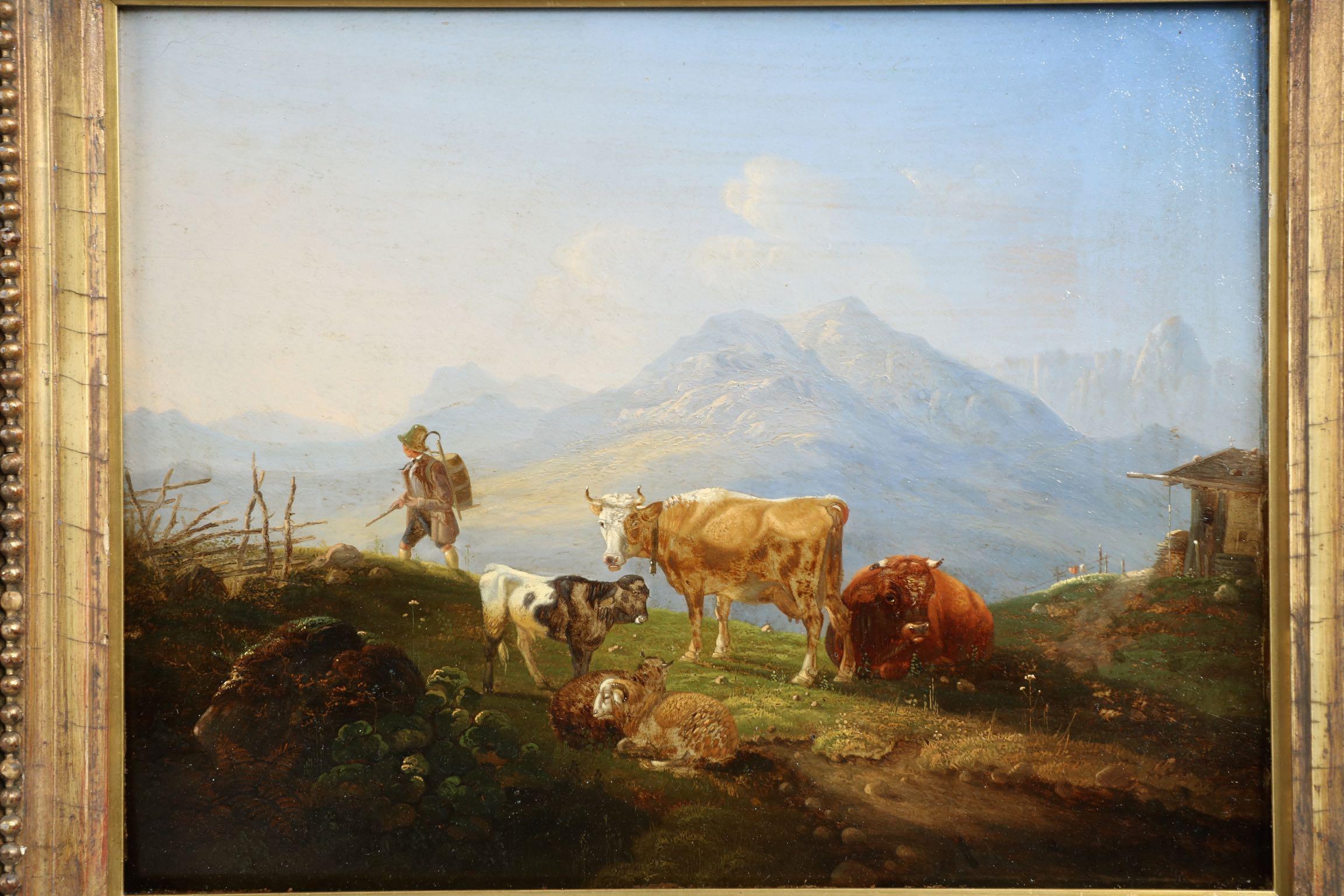 Hand-Painted Antique German Mountain Landscape Oil Painting of Cattle and Sheep, 19th Century For Sale