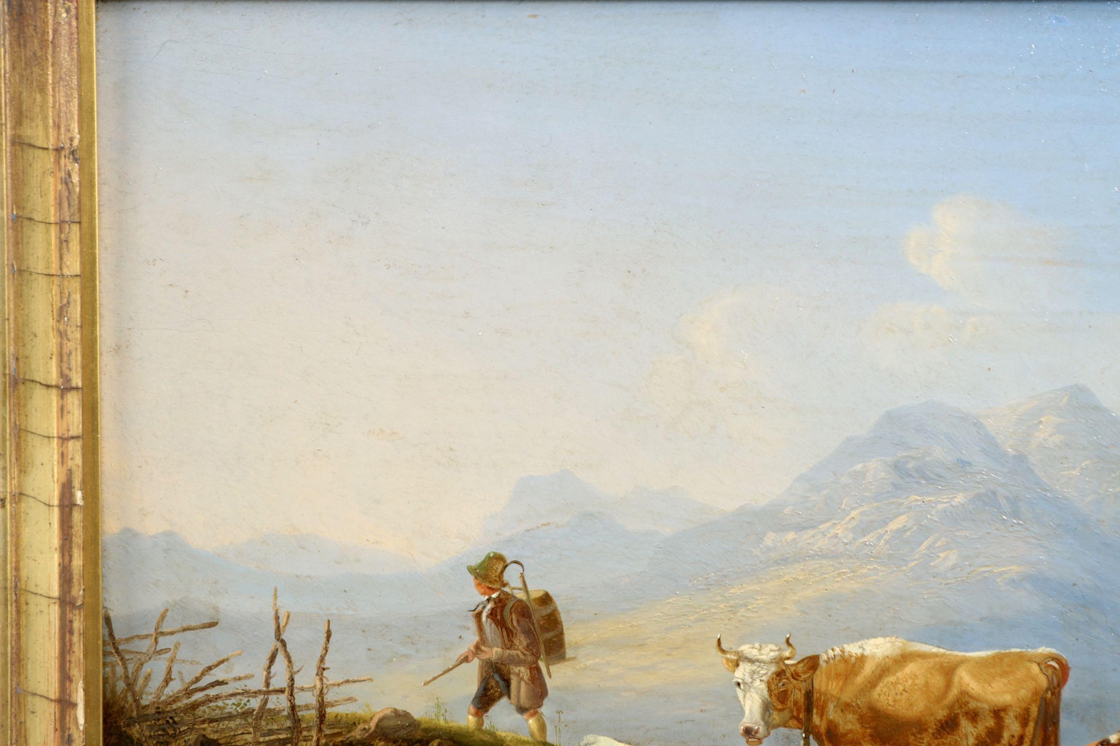 Antique German Mountain Landscape Oil Painting of Cattle and Sheep, 19th Century For Sale 1