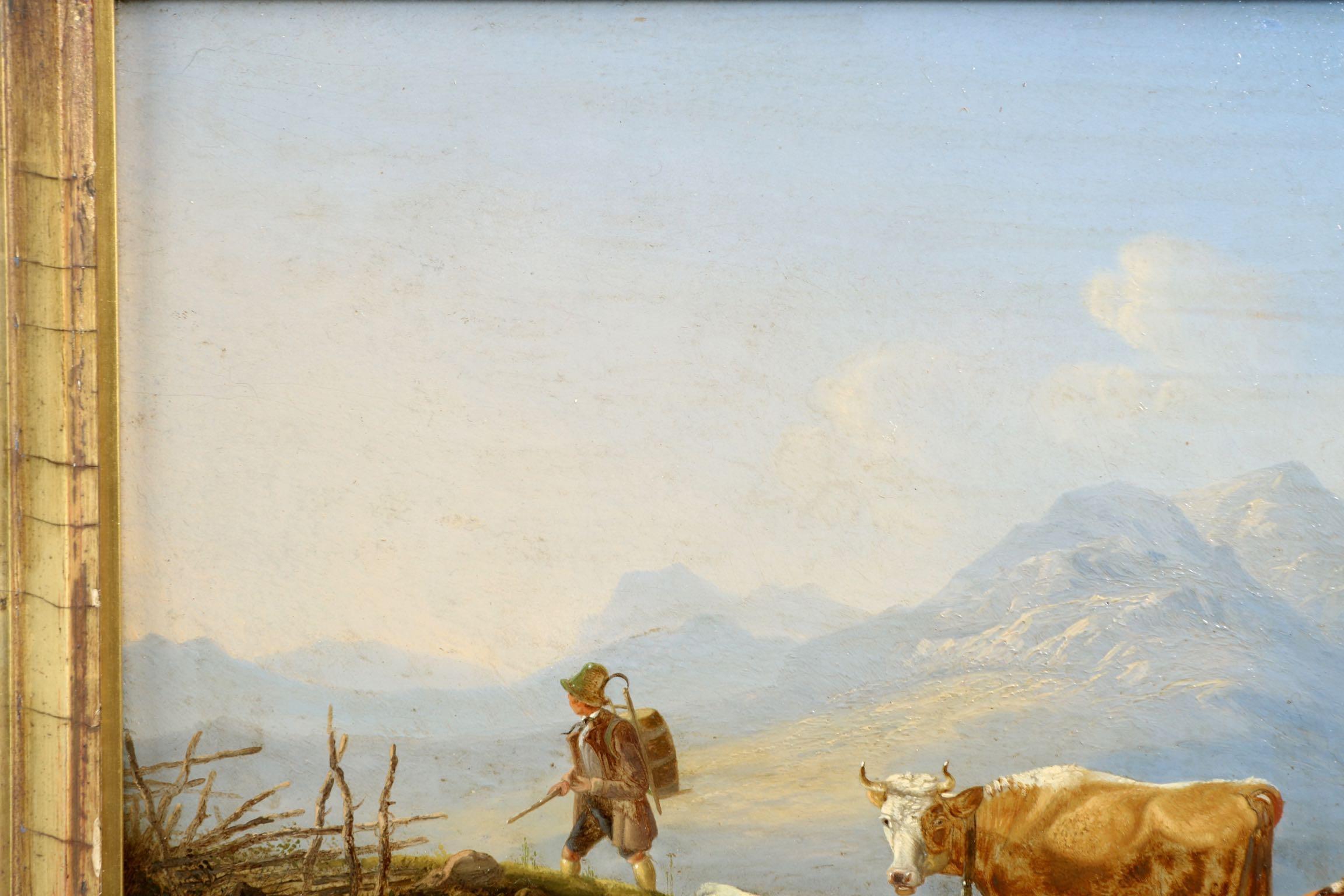 Antique German Mountain Landscape Oil Painting of Cattle and Sheep, 19th Century 1