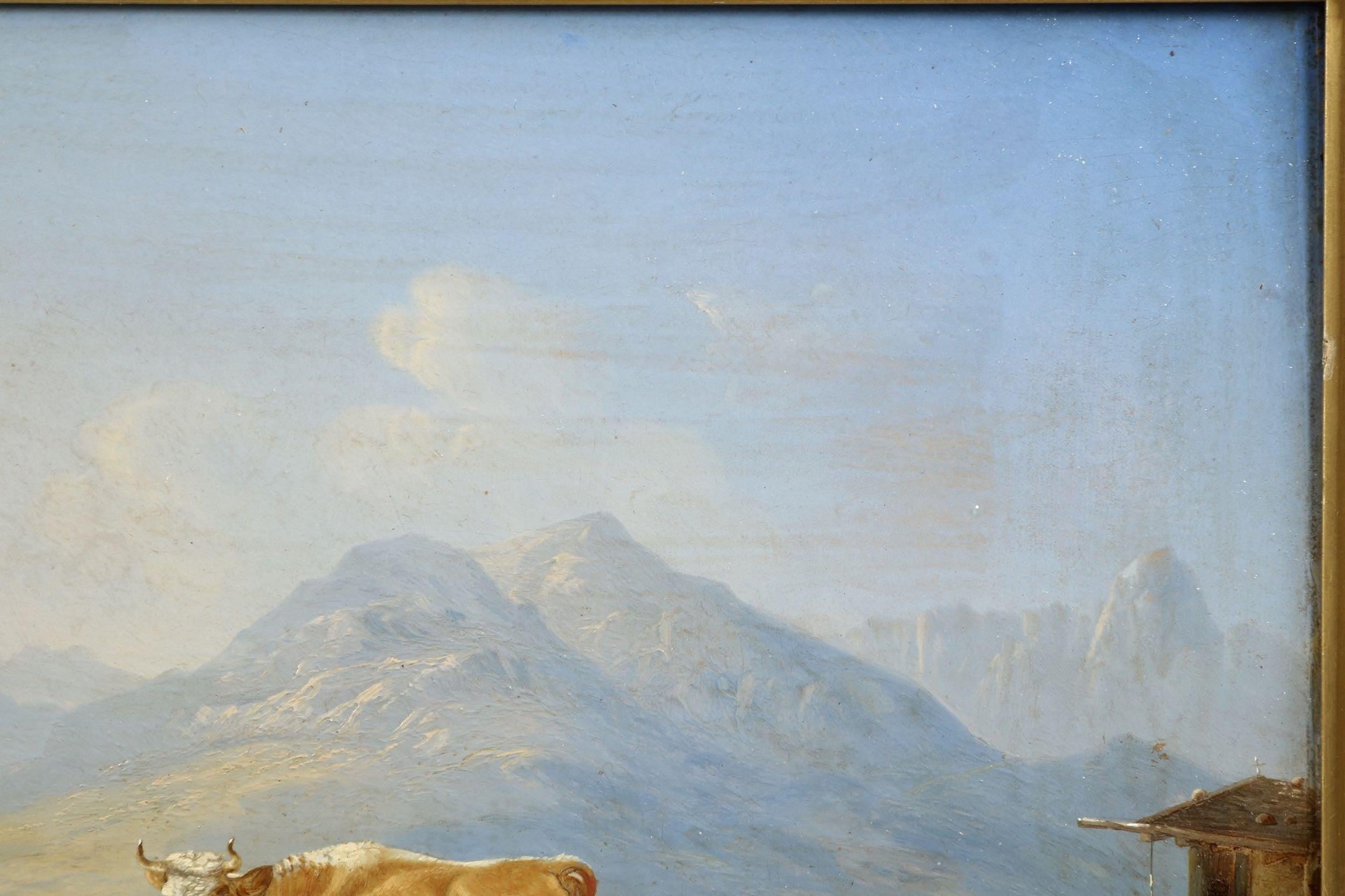 Wood Antique German Mountain Landscape Oil Painting of Cattle and Sheep, 19th Century For Sale
