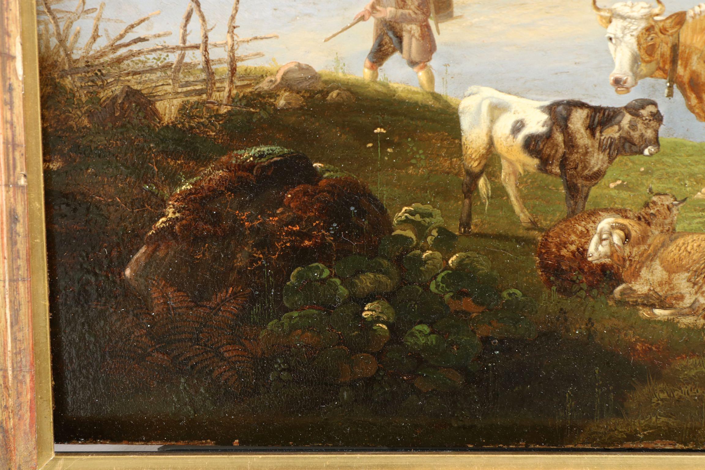 Antique German Mountain Landscape Oil Painting of Cattle and Sheep, 19th Century 2