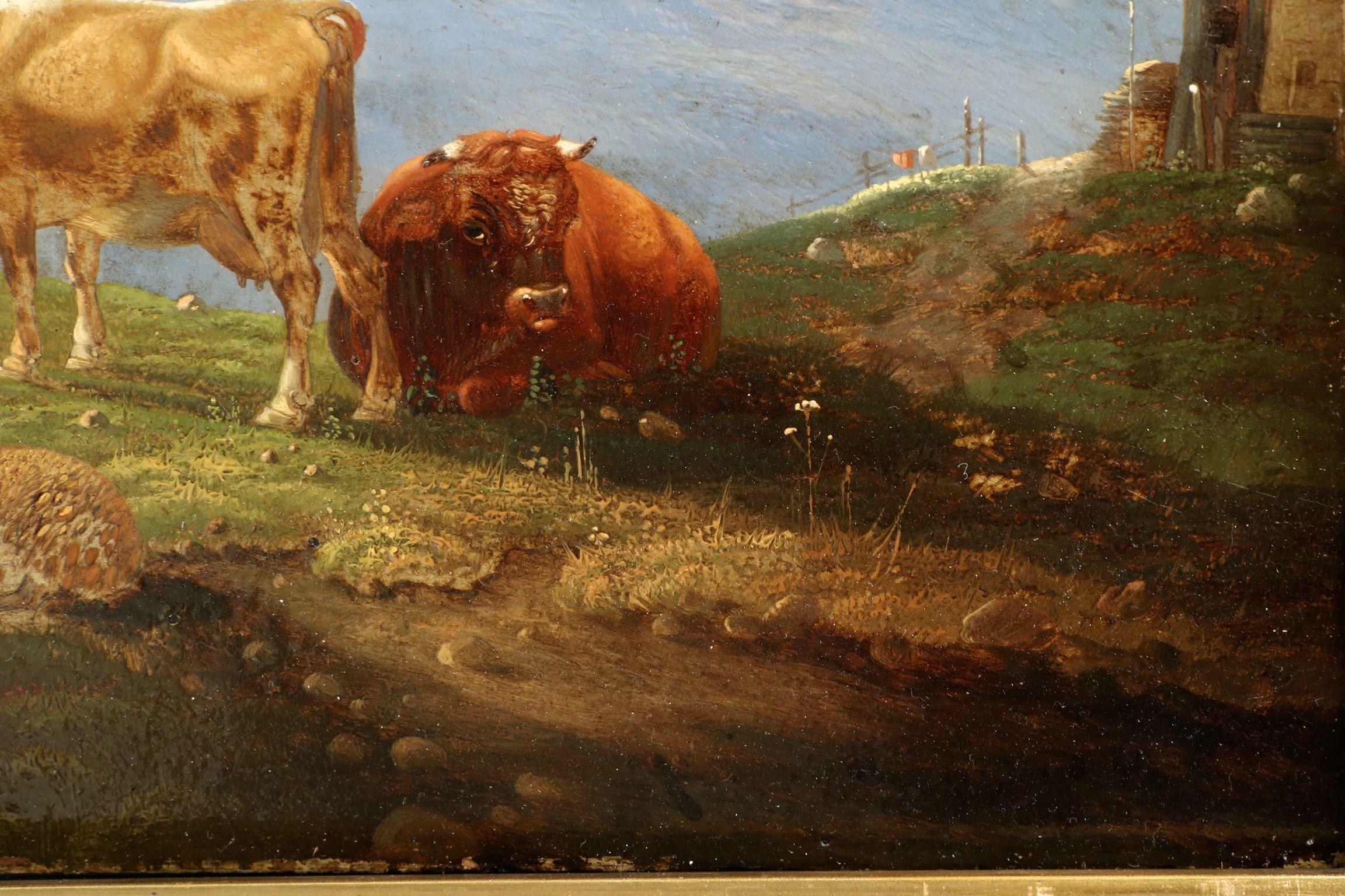 Antique German Mountain Landscape Oil Painting of Cattle and Sheep, 19th Century 3