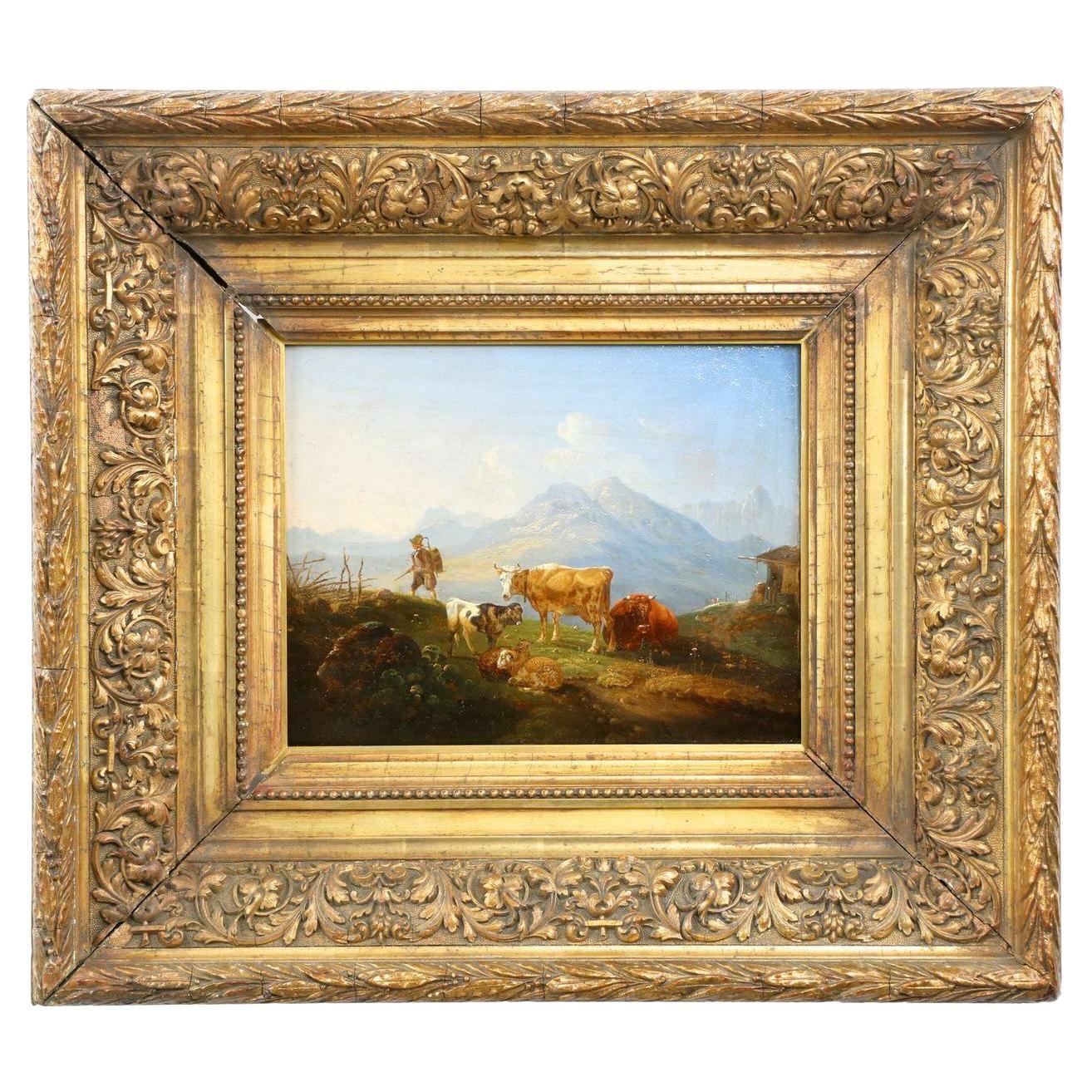Peinture à l'huile allemande ancienne de paysage de montagne représentant du bétail et des moutons, 19ème siècle