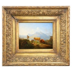 Antico paesaggio montano tedesco dipinto a olio con bovini e pecore, XIX secolo