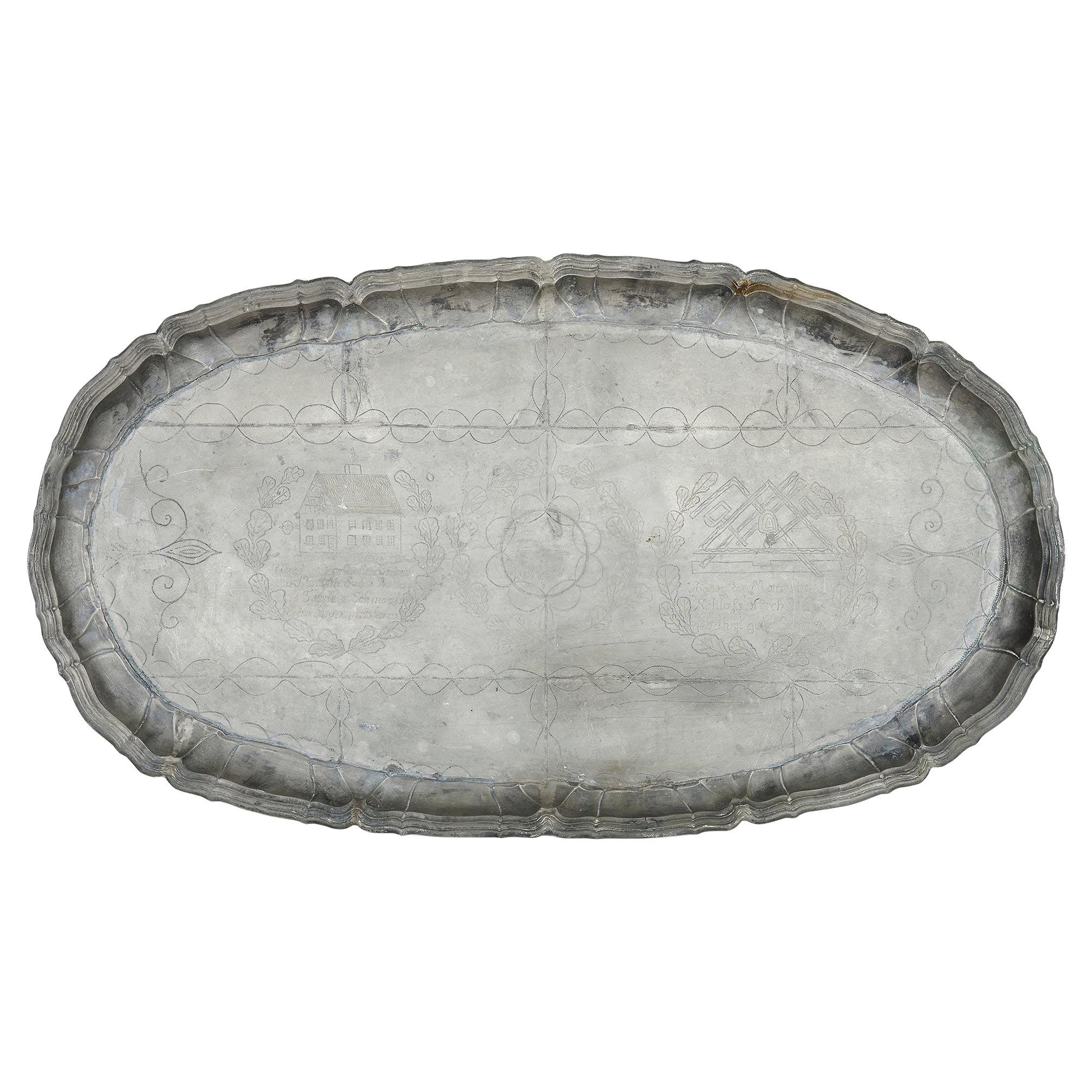 Antique German Naive Engraved Pewter Tray For Sale