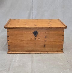 Antique German Natural Pine Storage Trunk with Original Iron Key