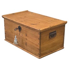 Antique German Natural Pine Storage Trunk with Original Iron Key