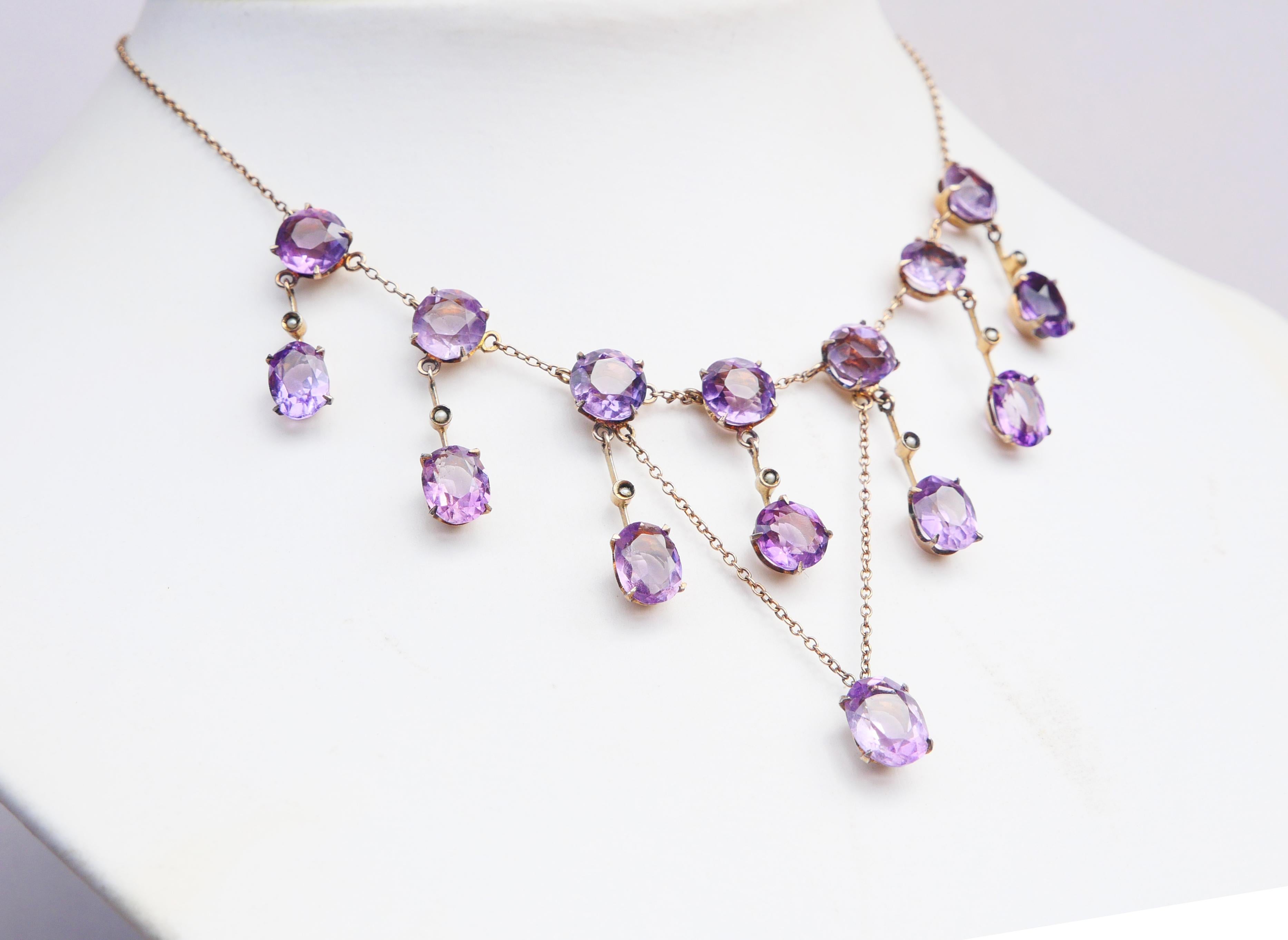 Art Nouveau Antique German Necklace natural 25ctw. Amethyst Pearls Gilt Silver/44.5cm/11.5gr For Sale