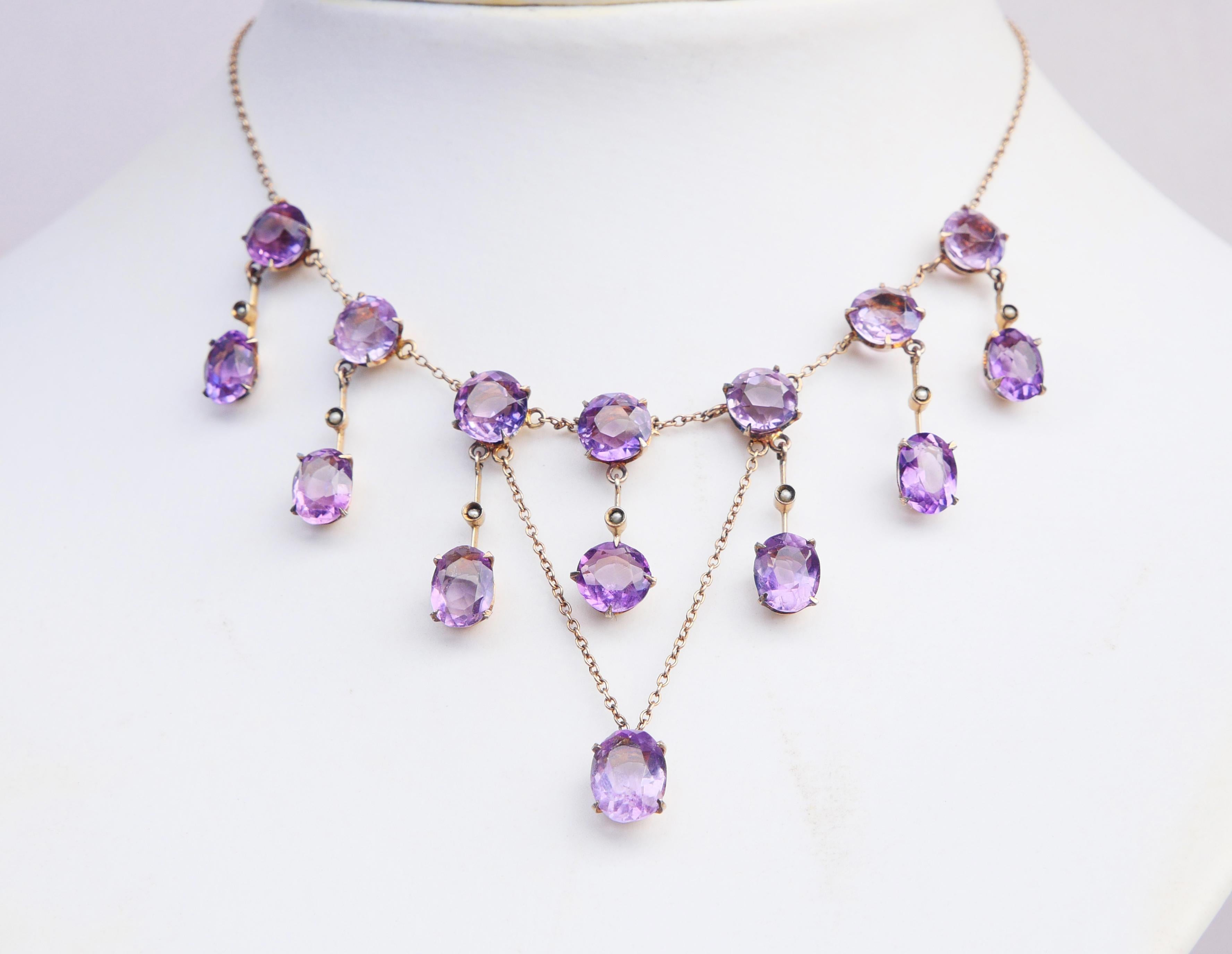 Women's Antique German Necklace natural 25ctw. Amethyst Pearls Gilt Silver/44.5cm/11.5gr For Sale