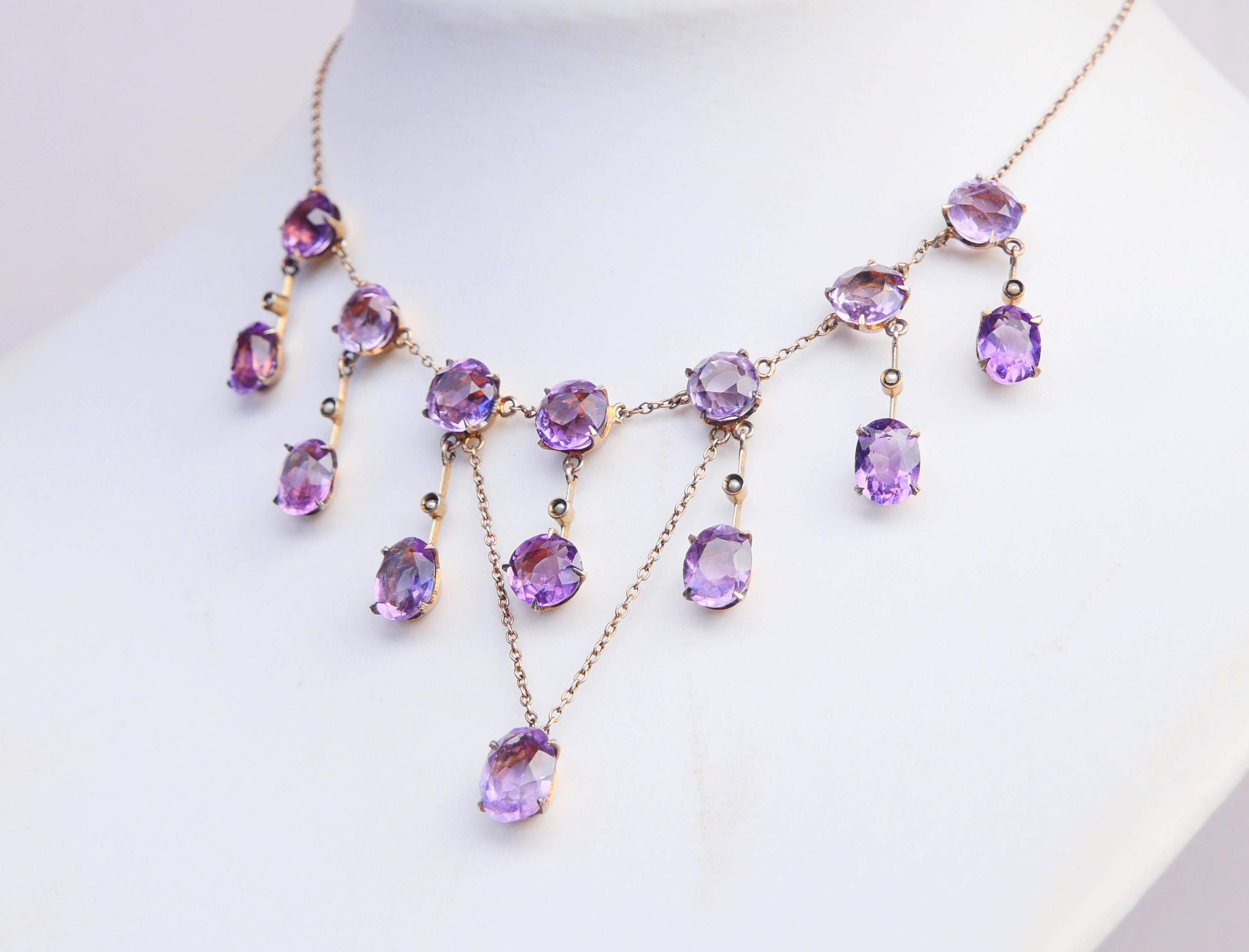 Antique German Necklace natural 25ctw. Amethyst Pearls Gilt Silver/44.5cm/11.5gr For Sale 1