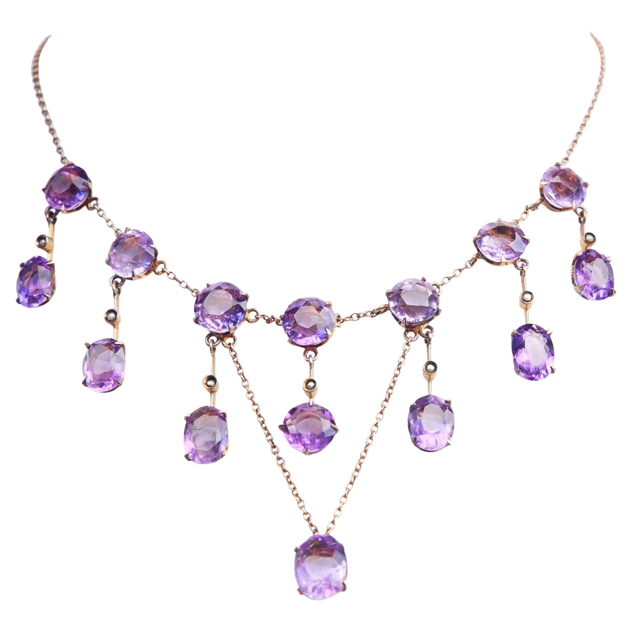 Antique German Necklace natural 25ctw. Amethyst Pearls Gilt Silver/44.5cm/11.5gr