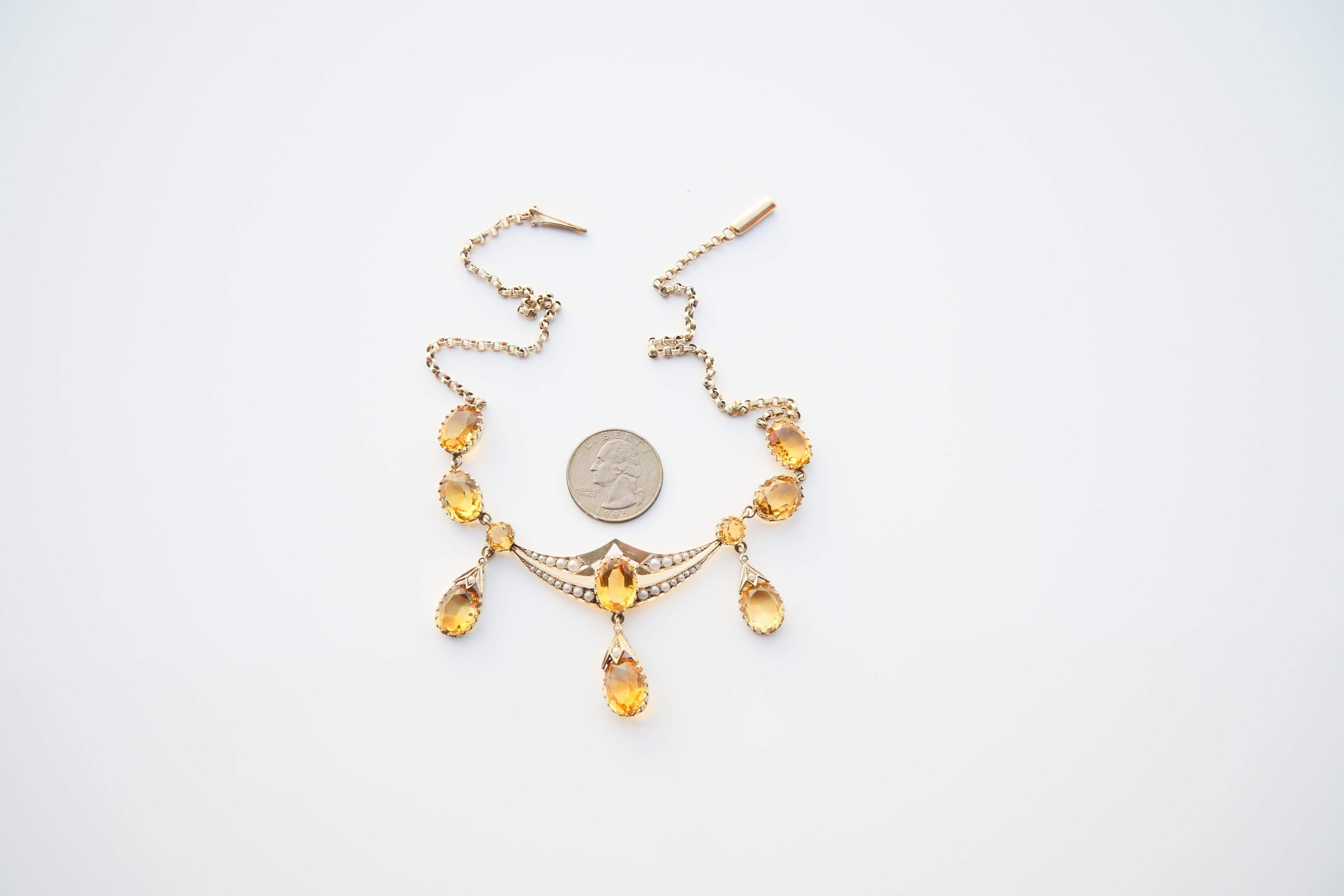 Antique German Necklace natural 37ctw Citrine Pearls Gilt Silver /44 cm/ 22 gr For Sale 6