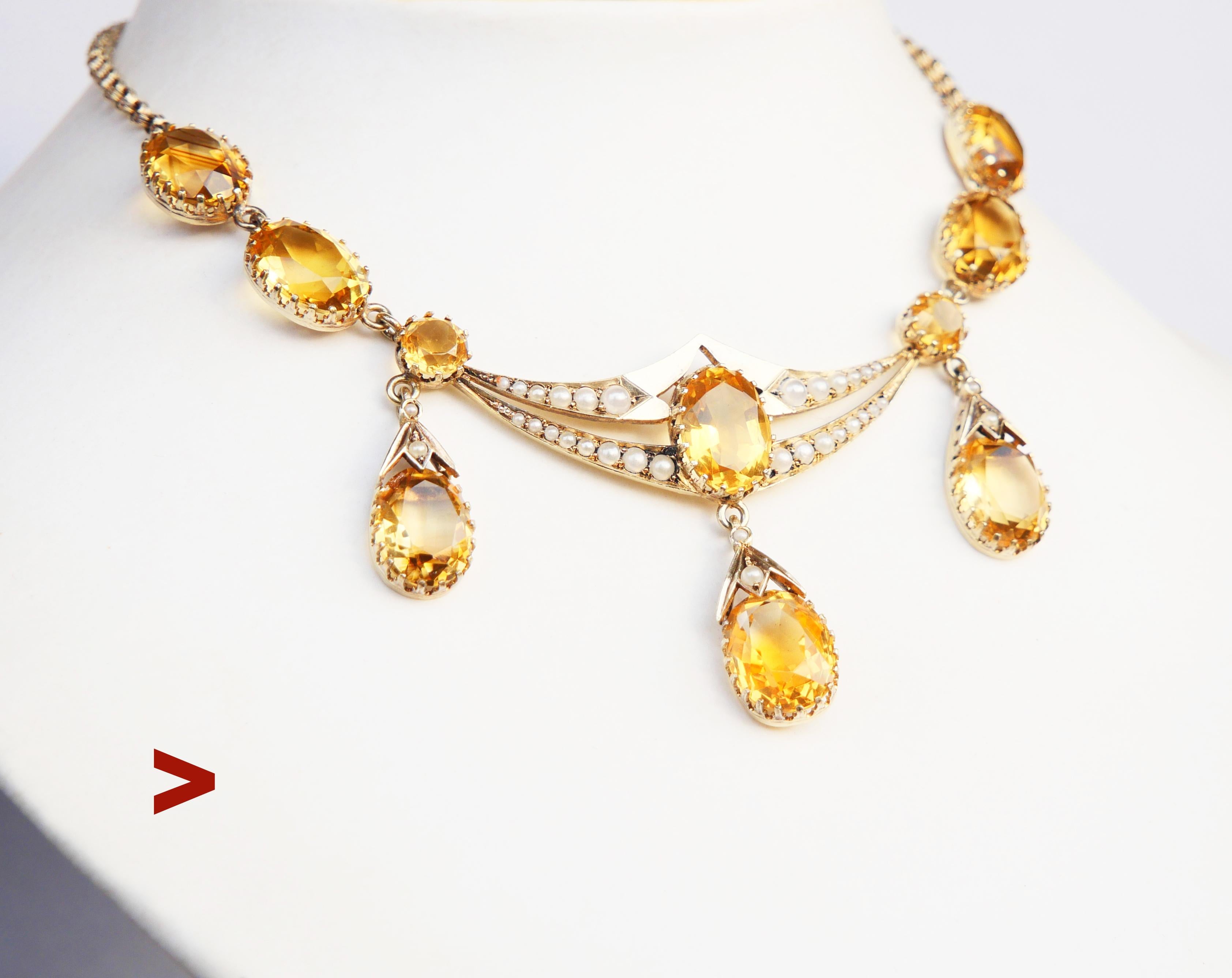 Fine necklace in high graded Gilt Silver with 10 oval cut of natural Citrine stones and 28 Seed Pearls. Likely German  hand - made between 1920s - 1930s. Hallmarked with Swedish customs hallmarks on the V- lock confirming at least 830 Silver