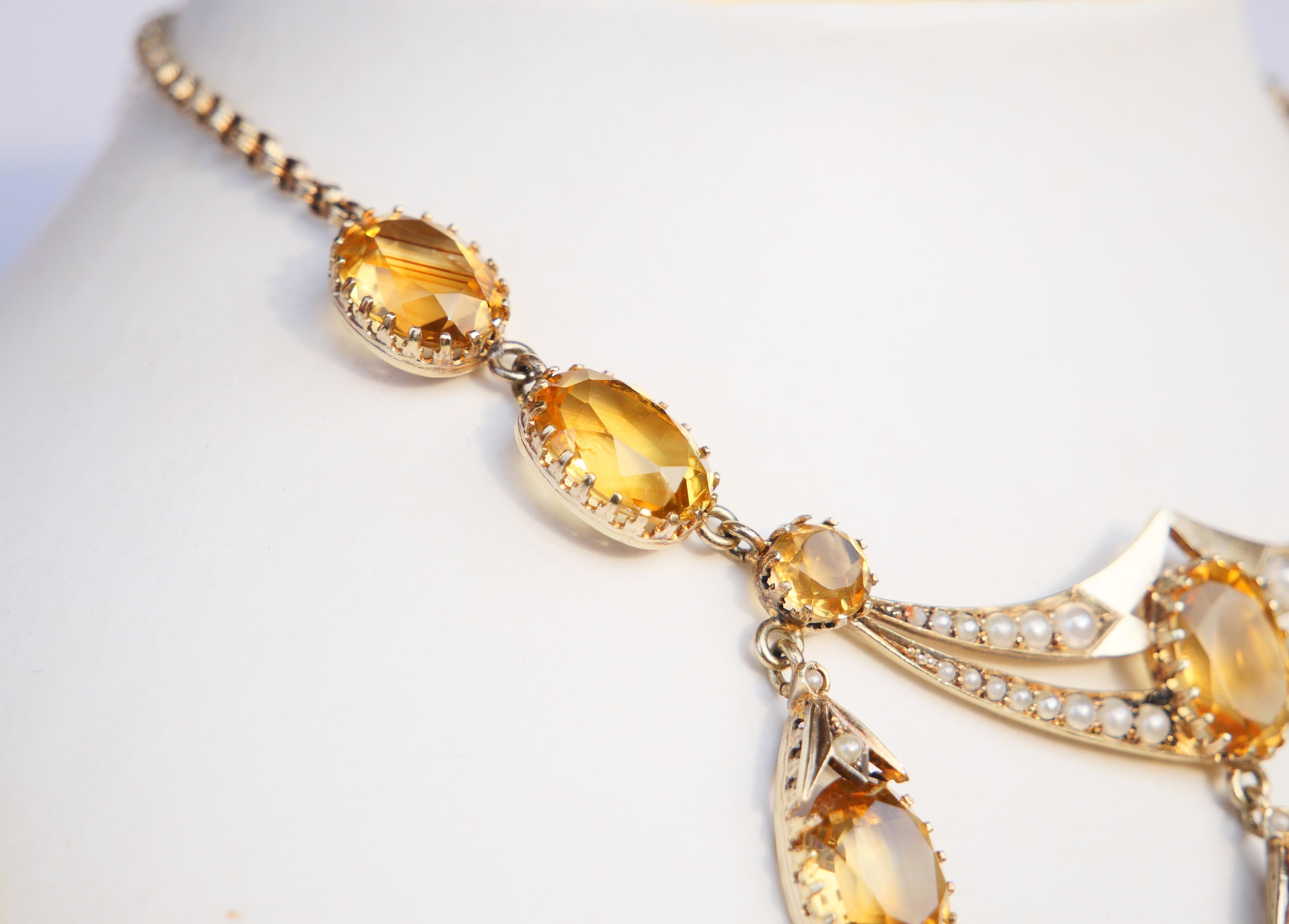 Oval Cut Antique German Necklace natural 37ctw Citrine Pearls Gilt Silver /44 cm/ 22 gr For Sale