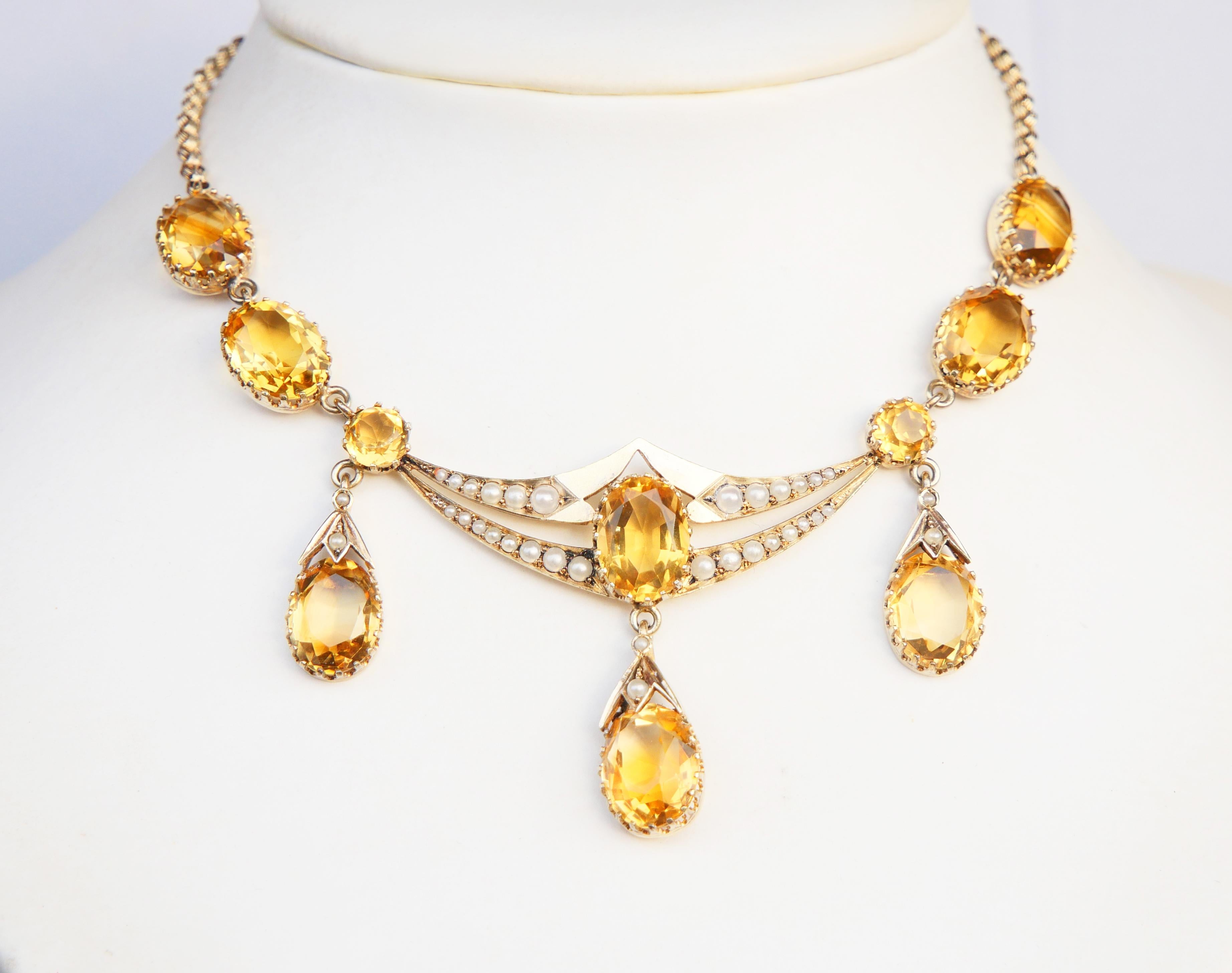 Antique German Necklace natural 37ctw Citrine Pearls Gilt Silver /44 cm/ 22 gr For Sale 1
