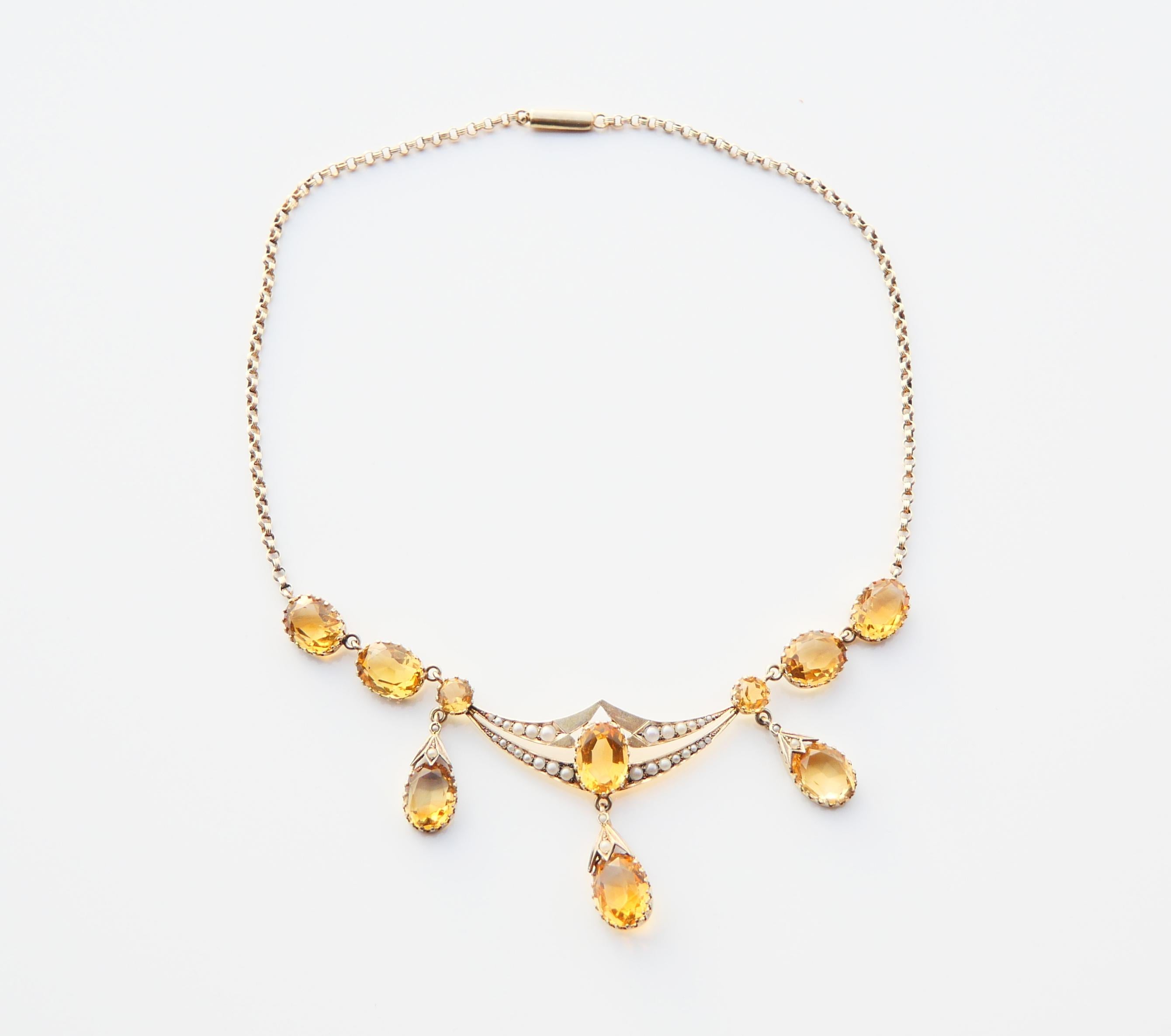 Antique German Necklace natural 37ctw Citrine Pearls Gilt Silver /44 cm/ 22 gr For Sale 2