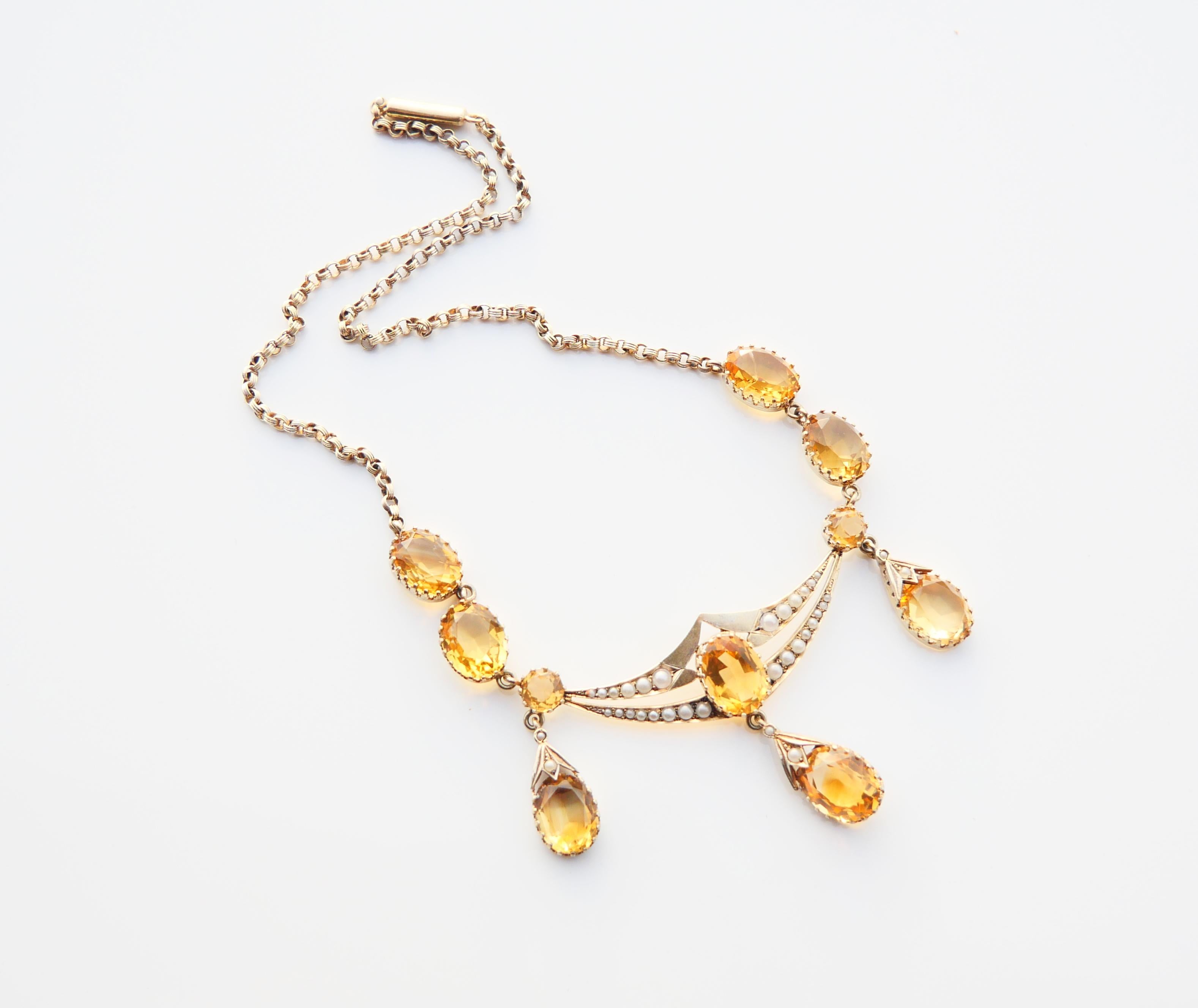 Antique German Necklace natural 37ctw Citrine Pearls Gilt Silver /44 cm/ 22 gr For Sale 3