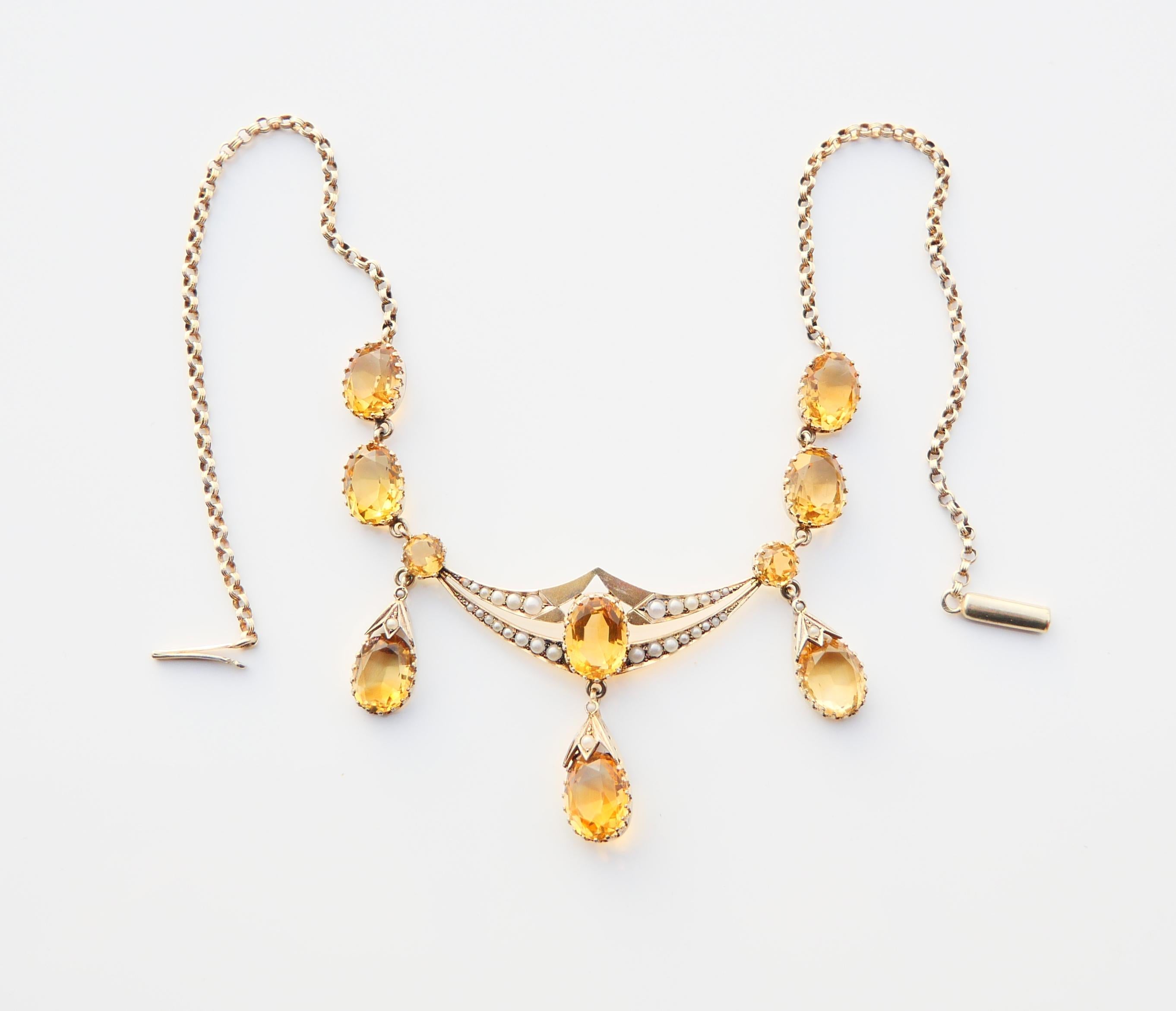 Antique German Necklace natural 37ctw Citrine Pearls Gilt Silver /44 cm/ 22 gr For Sale 4